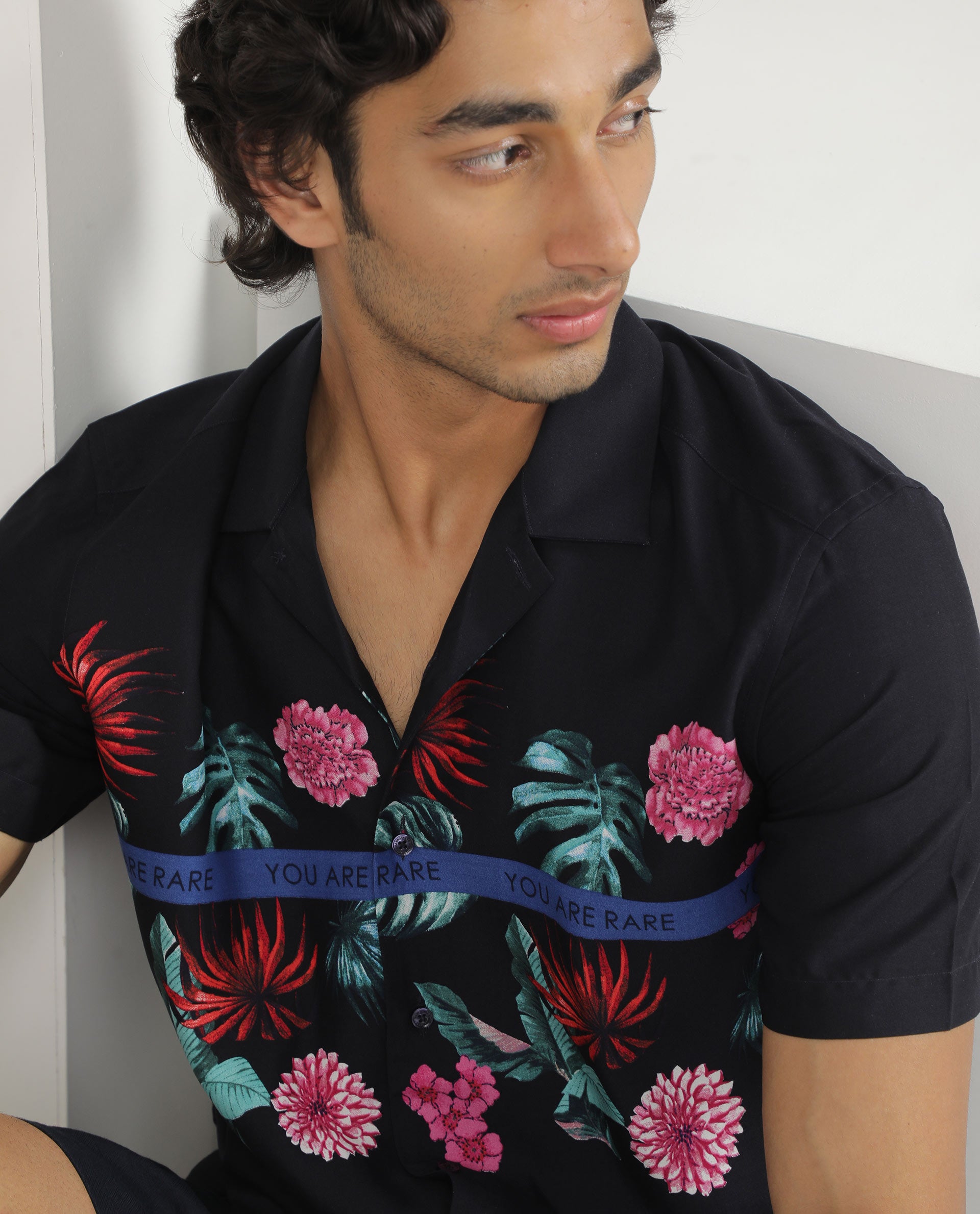 Rare Rabbit Men's Tropic Navy Viscose Tropical Print Regular Fit Half