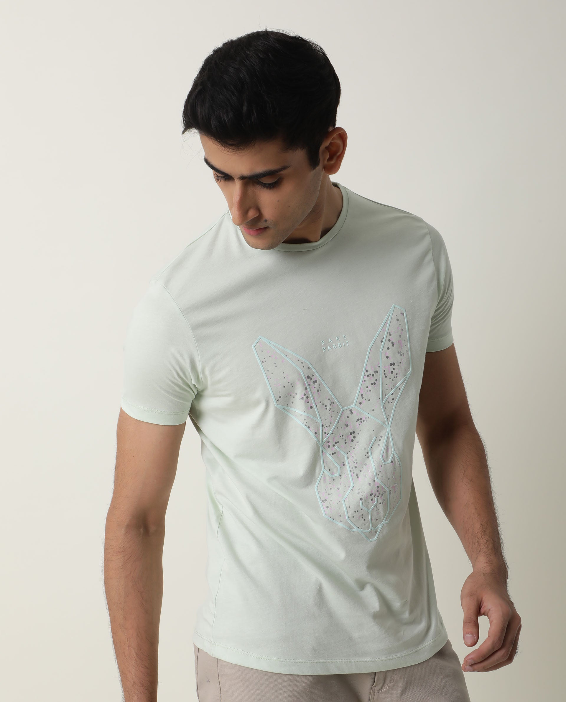 RARE RABBIT MENS MODERN-2 GREEN T-SHIRT COTTON FABRIC SLIM FIT CREW NECK HALF SLEEVE