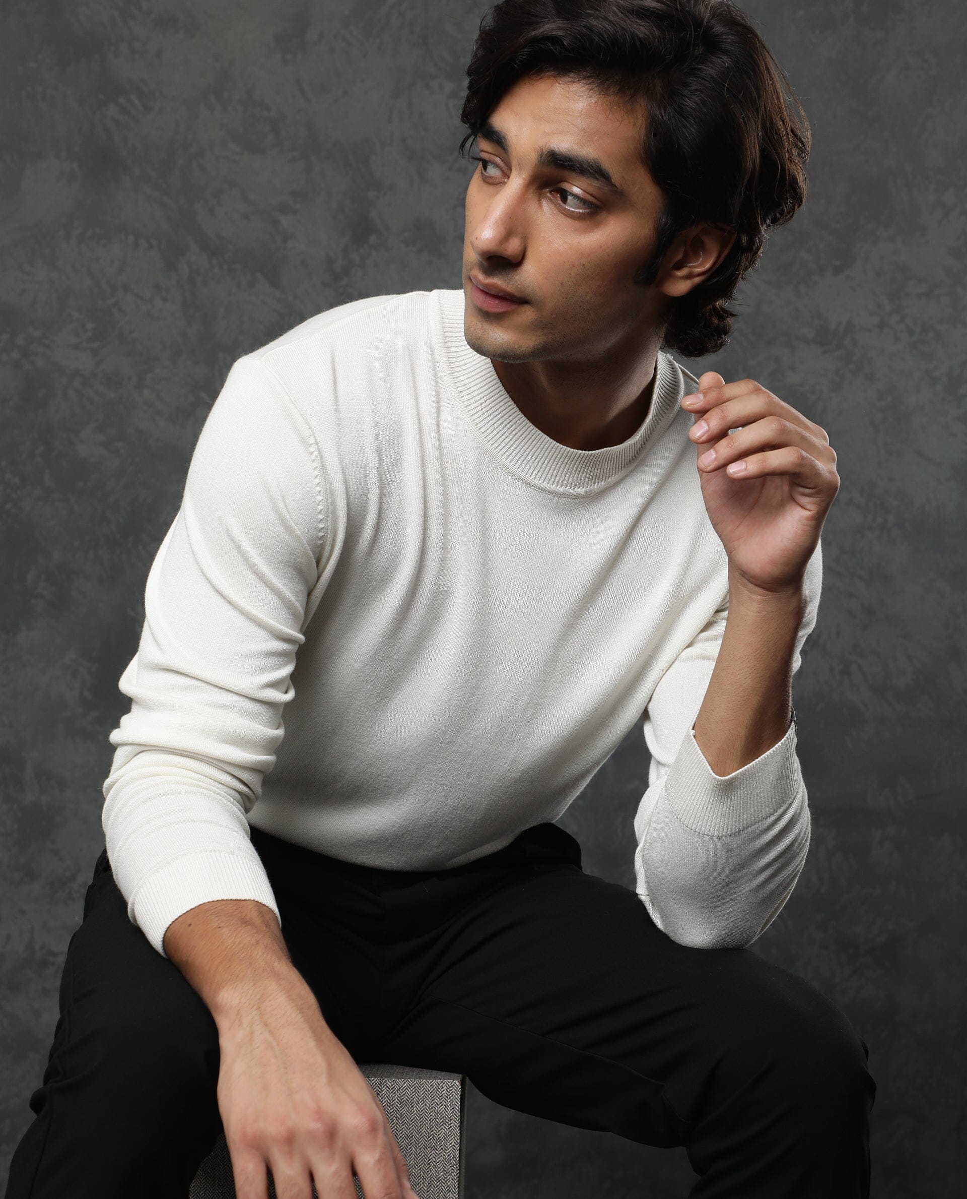 Rare Rabbit Men's Alfo White Viscose Plain Slim Fit Full Sleeve High Neck Sweater