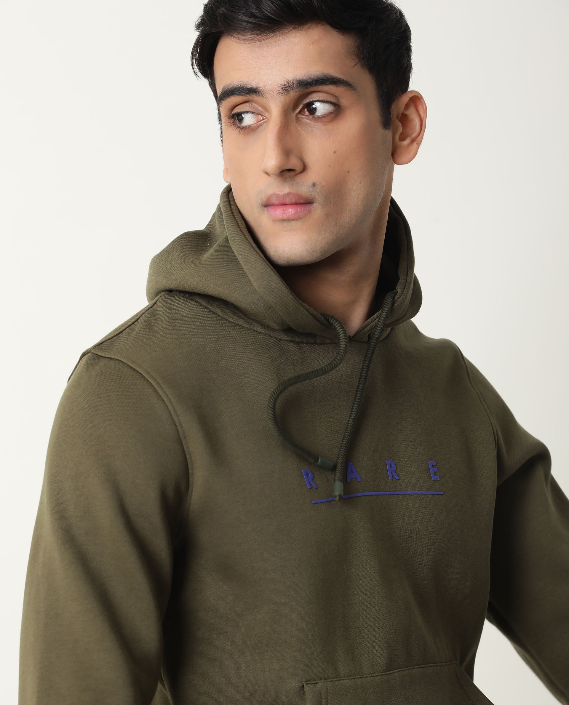 Rare Rabbit Omi Primary Olive Sweatshirt Cotton Poly Fabric Full Sleeve Hoodie Slim Fit