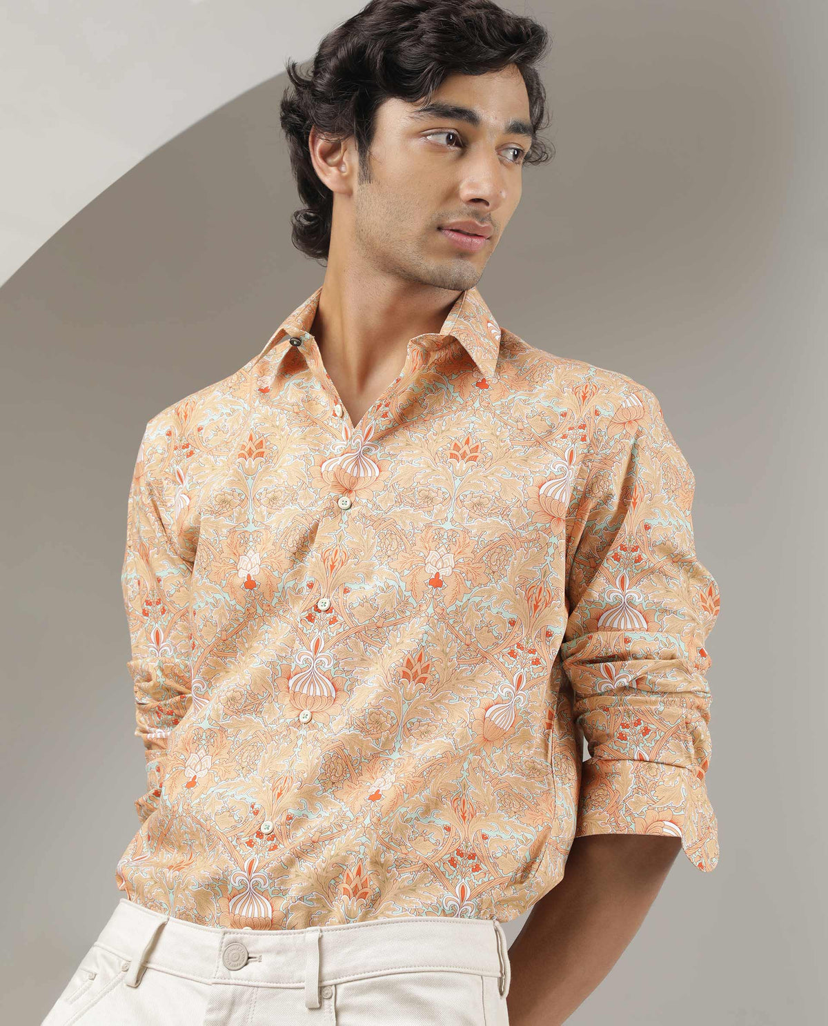 Rare Rabbit Men's Samuel Beige Cotton Fabric Floral Print Full Sleeves Shirt