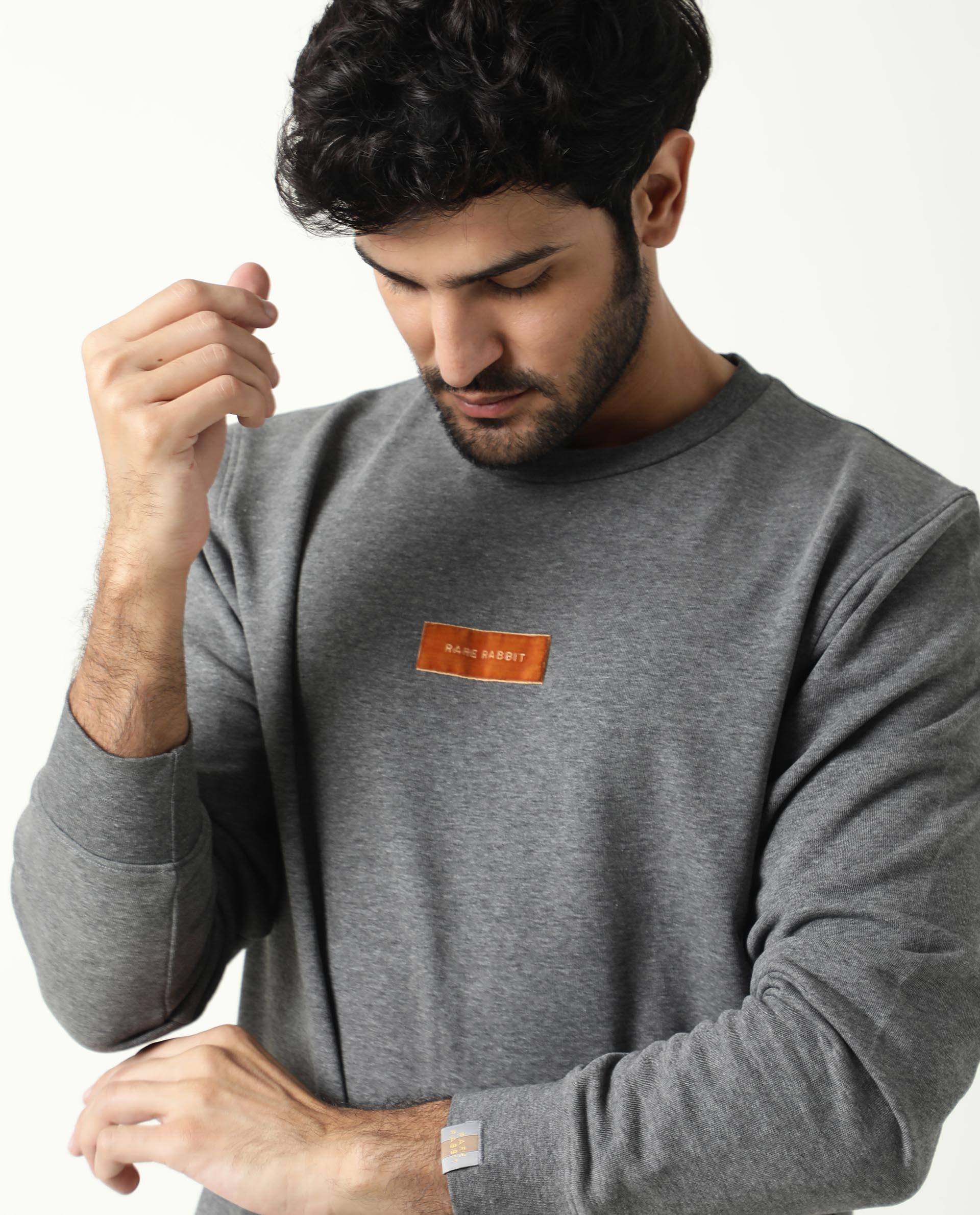 Rare Rabbit Men's Velveto Grey Cotton Polyester Fabric Full Sleeves Velvet Branding Knit Sweatshirt