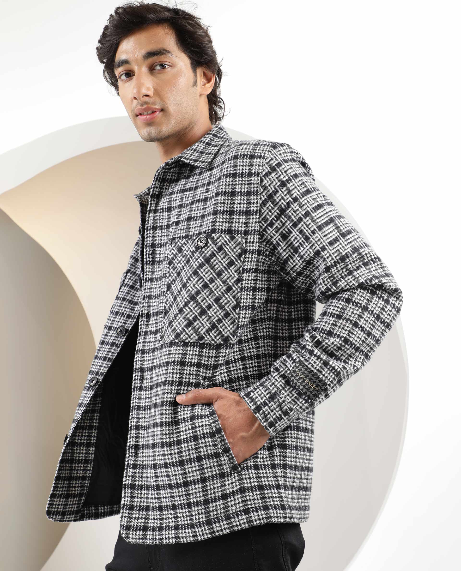 RARE RABBIT MEN'S MAXON BLACK JACKET COTTON FABRIC COLLARED NECK FULL SLEEVES BUTTON CLOSURE