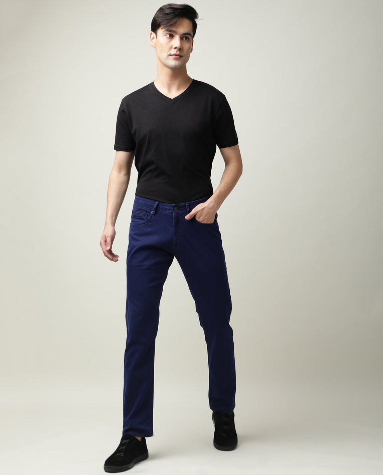 Rare Rabbit Men's Fiv5 Blue Solid Mid-Rise Slim Fit Trouser