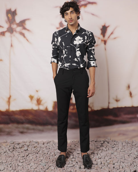 Rare Rabbit Men's Sketcherr Black Cotton Floral Print Regular Fit Full