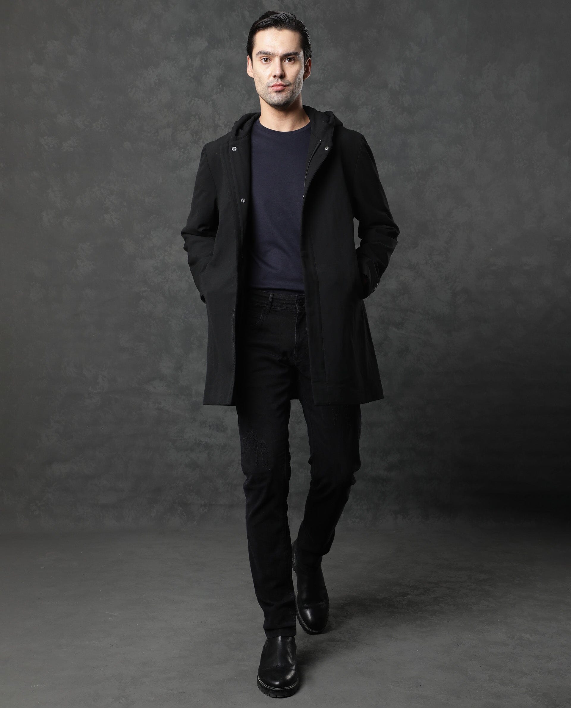 Rare Rabbit Men'S Clichy Black Jacket Polyester Viscose Fabric Hooded Neck Full Sleeves Zipper Closure Slim Fit
