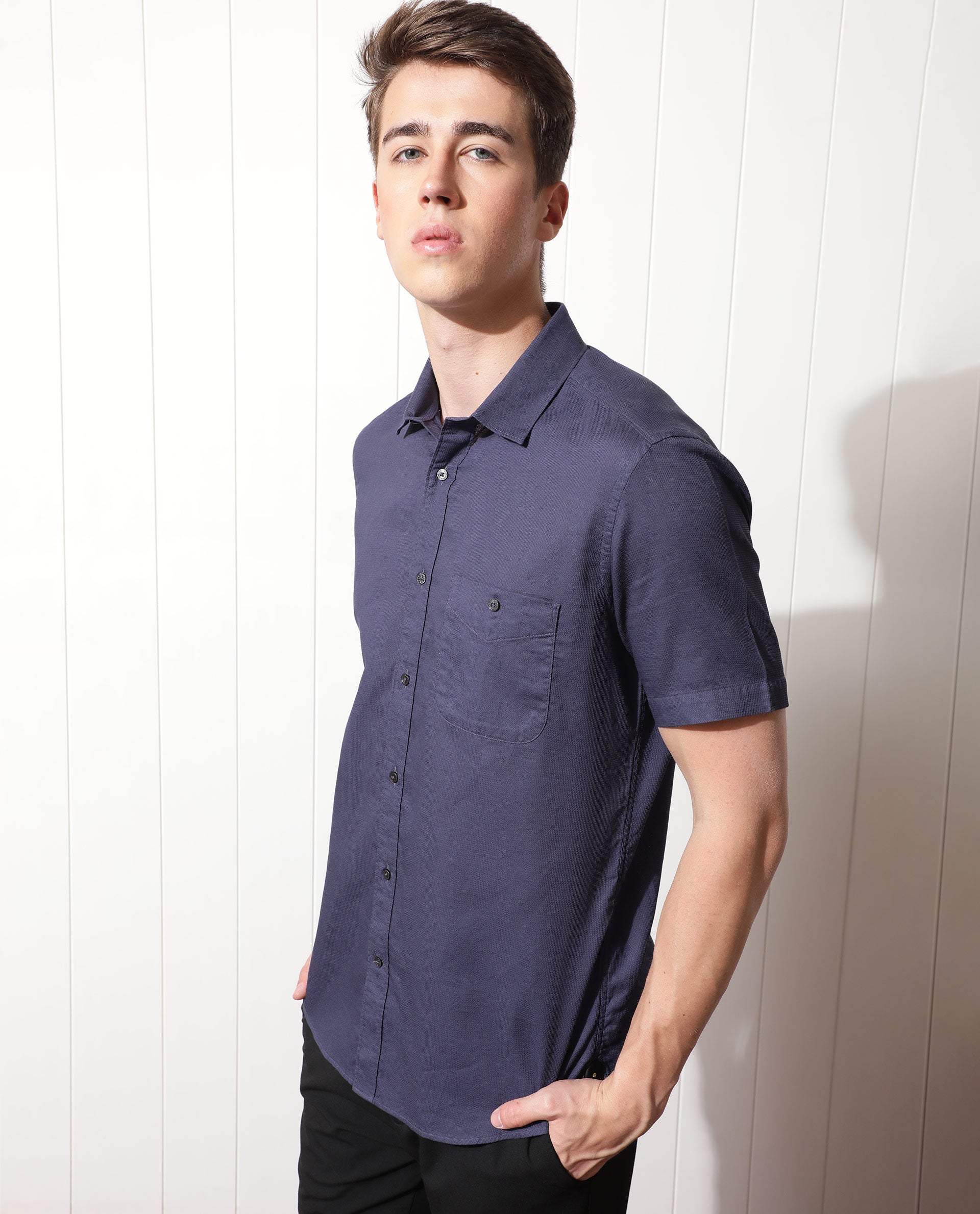 Rare Rabbit Men's Affle Dark Purple Dobby Fabric Half Sleeves Solid Shirt