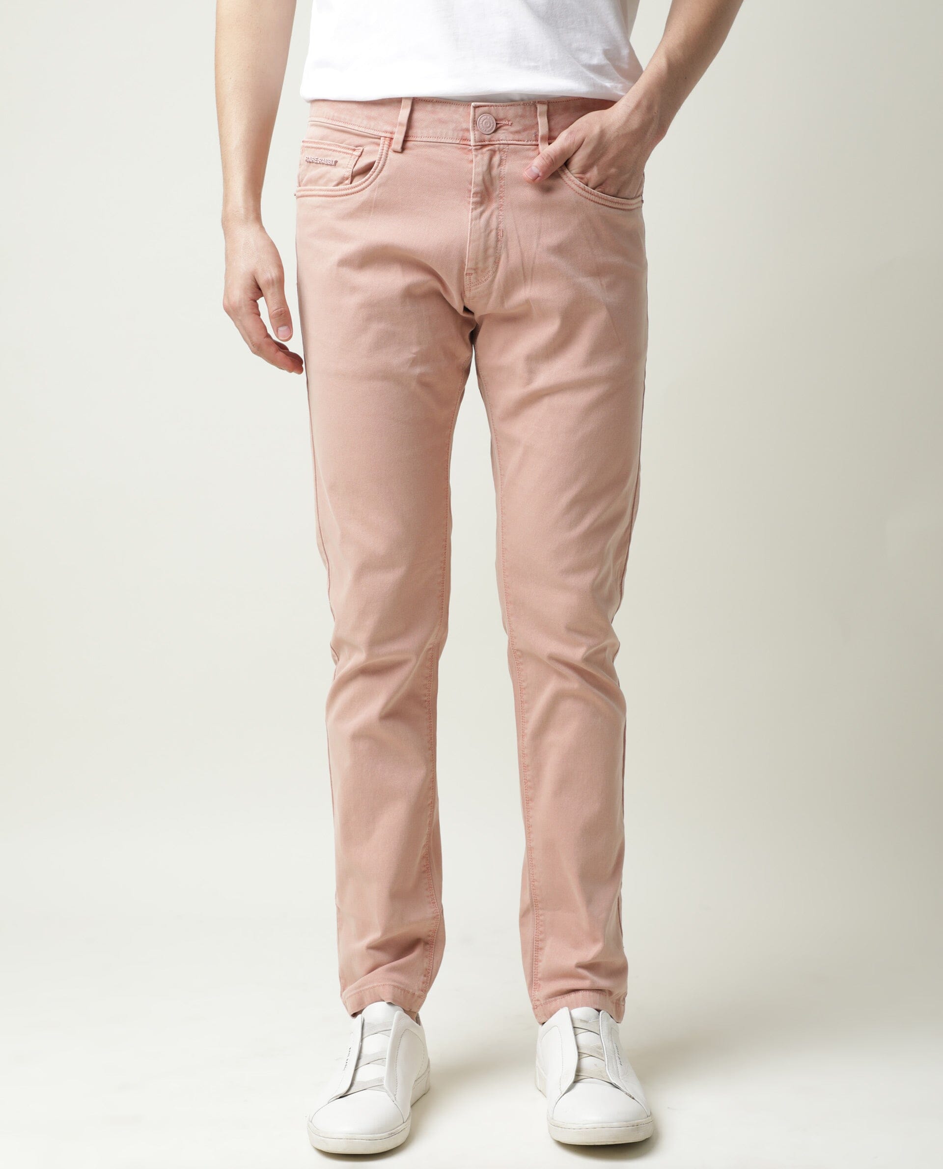 RARE RABBIT FIV5 PRIMARY PINK TROUSER COTTON ELASTANE FABRIC SLIM FIT BUTTON & ZIP CLOSURE