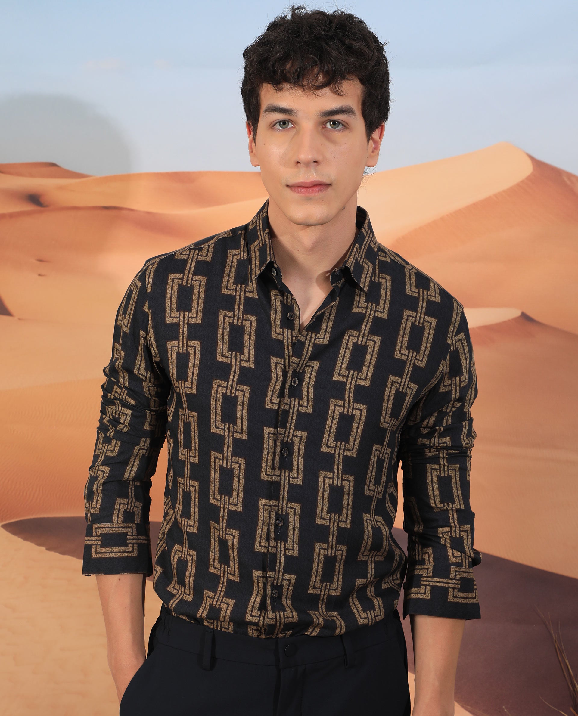 Rare Rabbit Men's Amster Grey Viscose Fabric Full Sleeves Regular Fit Geometric Print Shirt