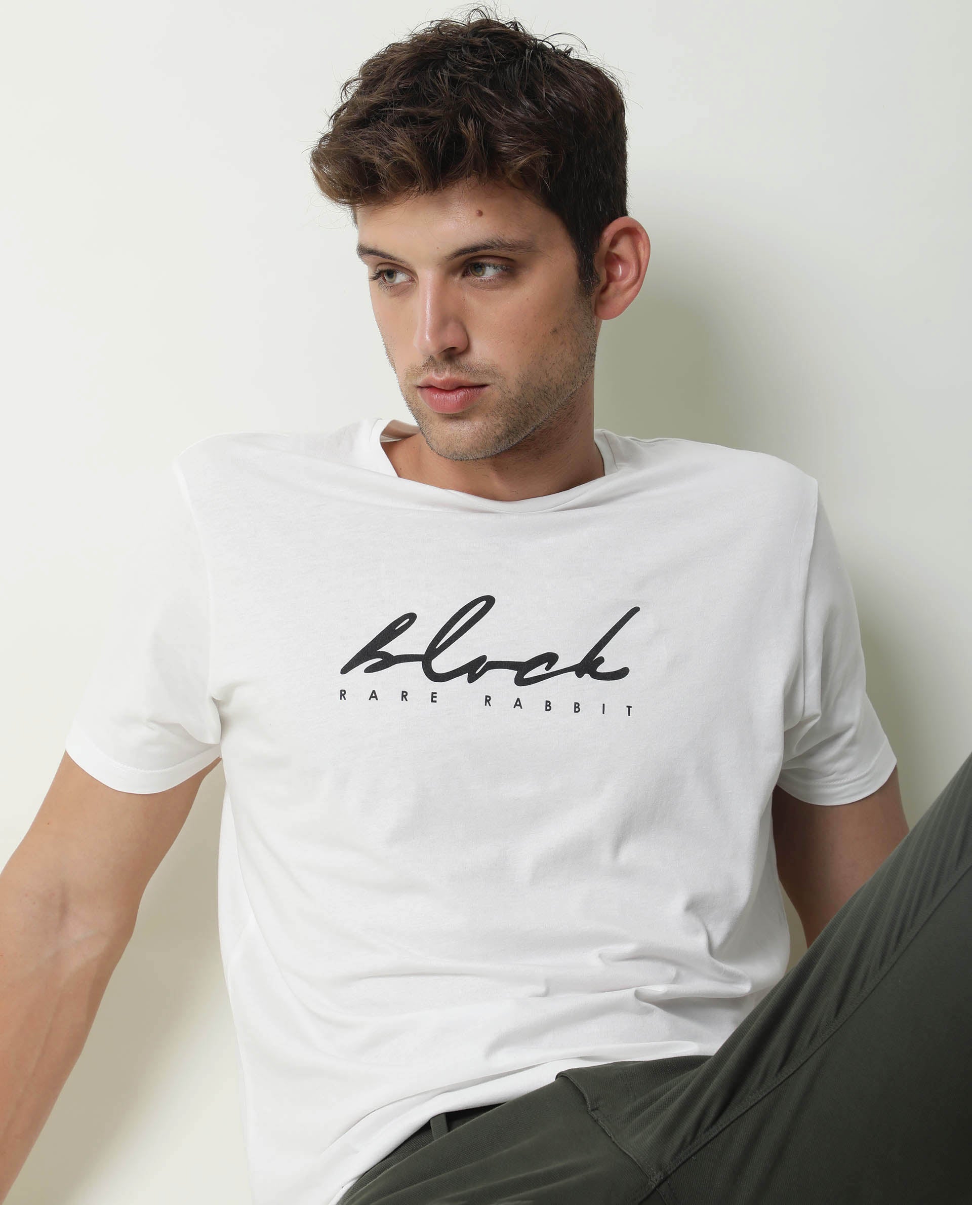 RARE RABBIT DARK PRIMARY OFFWHITE T-SHIRT COTTON FABRIC SHORT SLEEVE ROUND NECK SLIM FIT