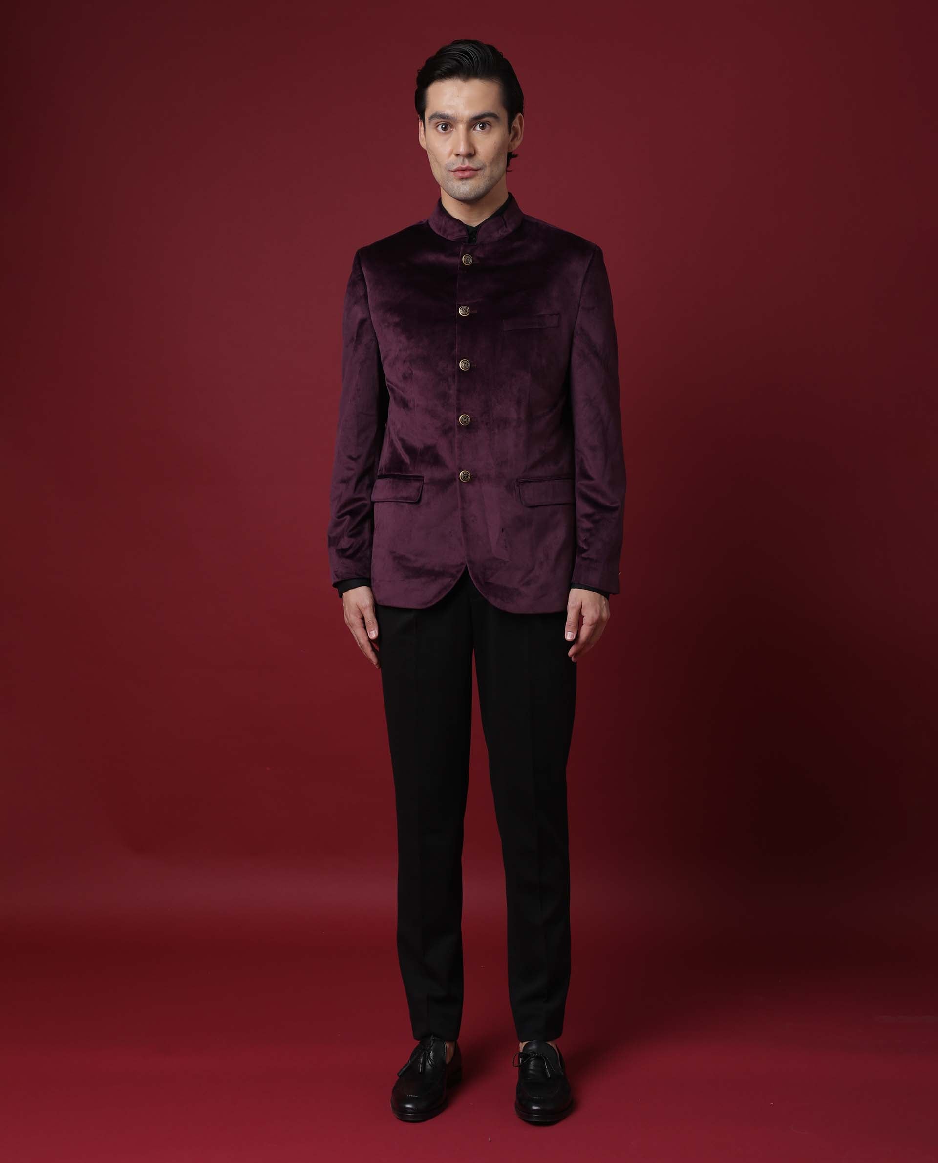 Rare Rabbit Men's Core Primary Maroon Mandarin Collar Full Sleeves Slim Fit Velvet Bandhgala