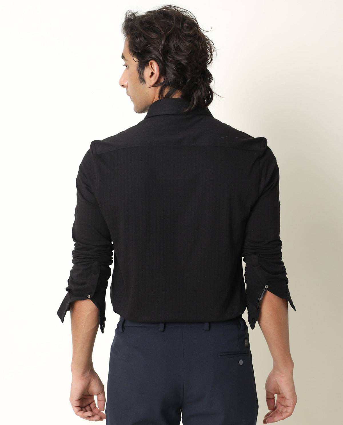 RARE RABBIT MEN'S VERTICAL BLACK SHIRT COTTON FABRIC COLLARED NECK FULL SLEEVES BUTTON CLOSURE SLIM FIT