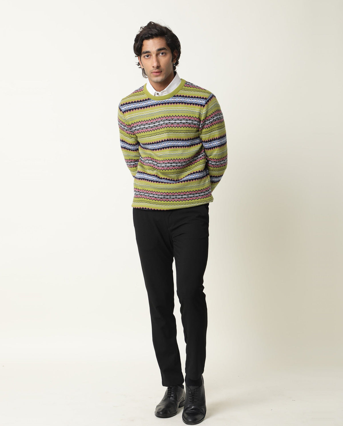RARE RABBIT MEN'S FARE LIGHT GREEN PULLOVER ACRYLIC FABRIC ROUND NECK FULL SLEEVES SLIM FIT