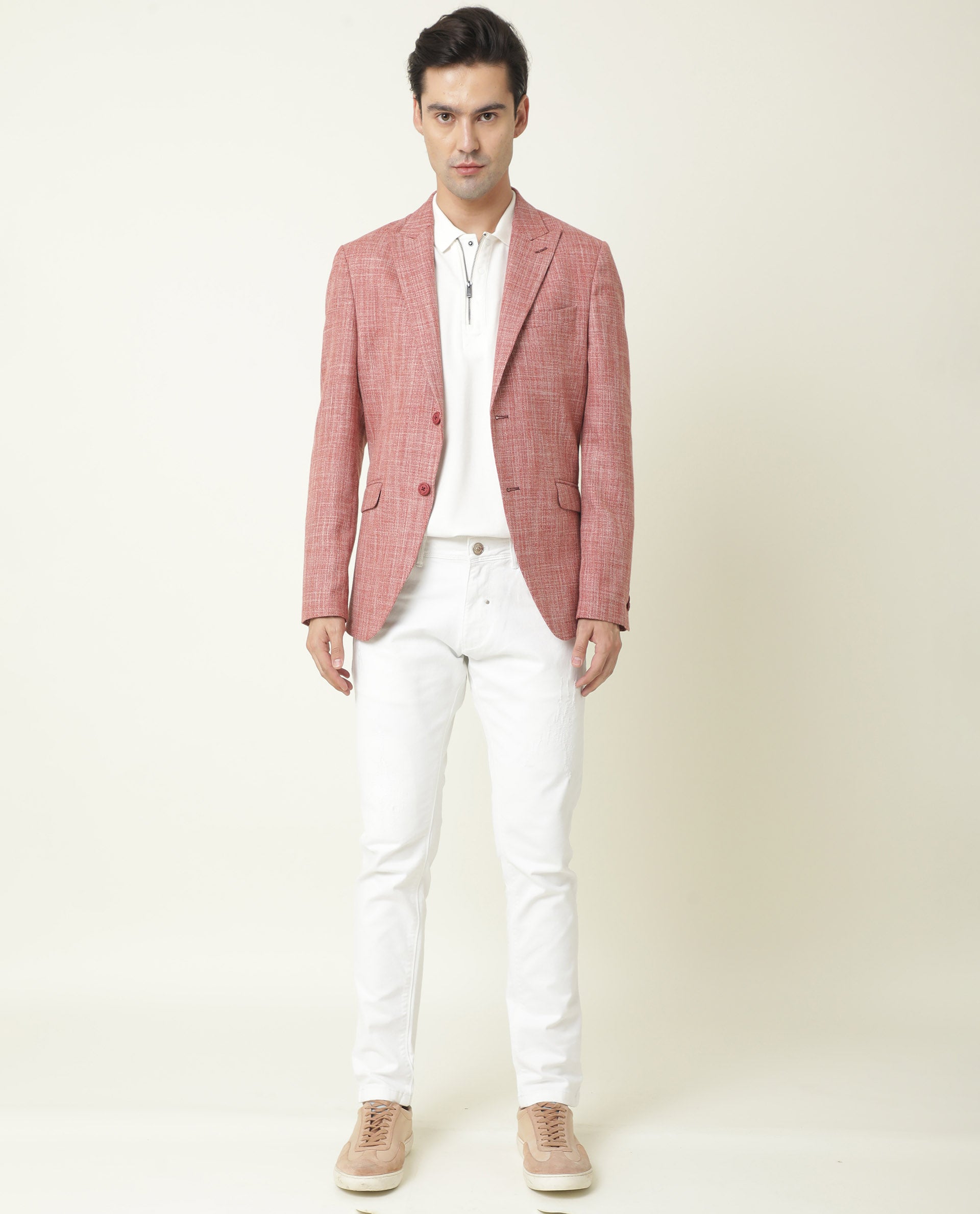 Rare Rabbit Men's Drews Red Polyester Viscose Fabric Peak Lapel Single Breasted Tailored Fit Textured Blazer