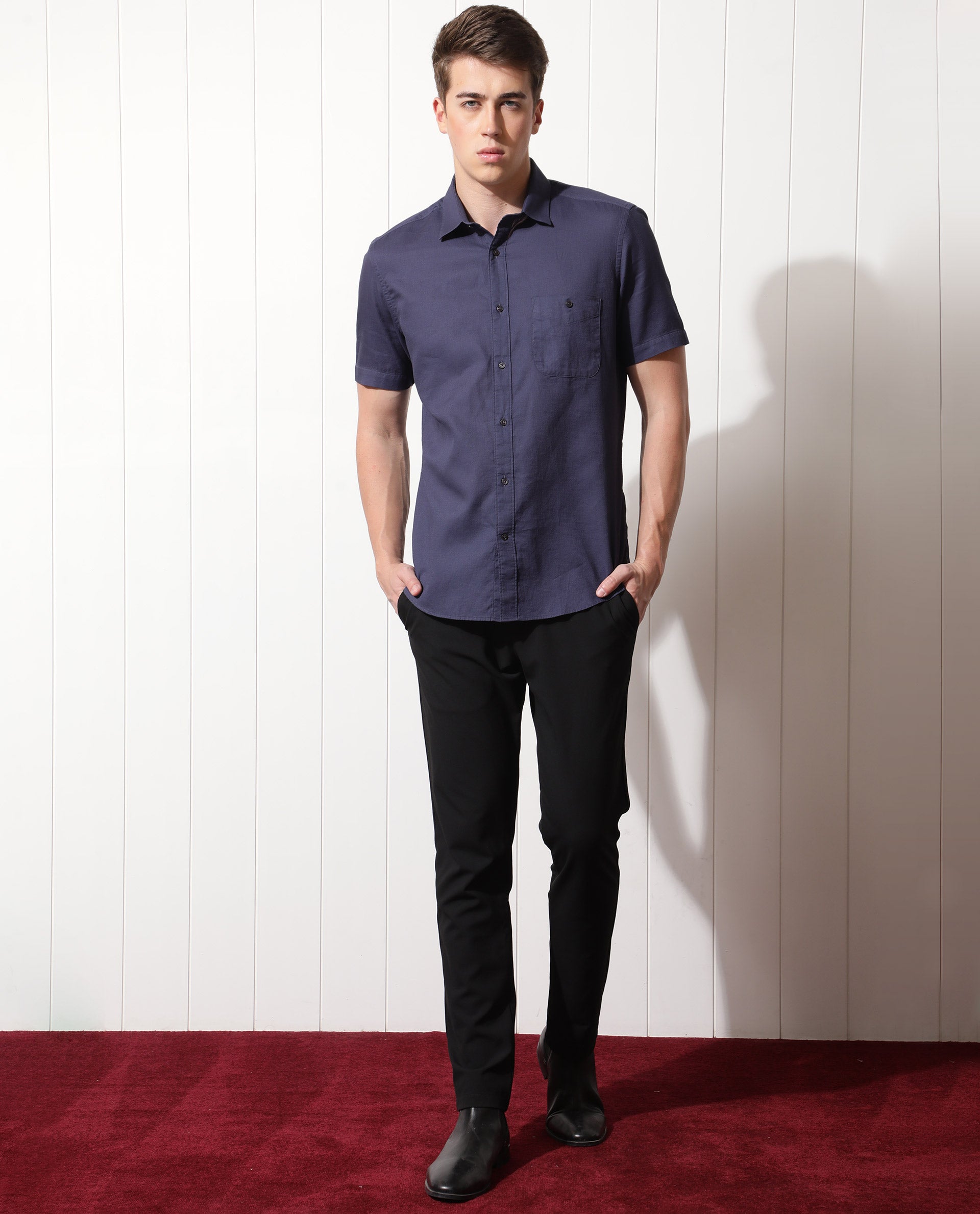 Rare Rabbit Men's Affle Dark Purple Dobby Fabric Half Sleeves Solid Shirt