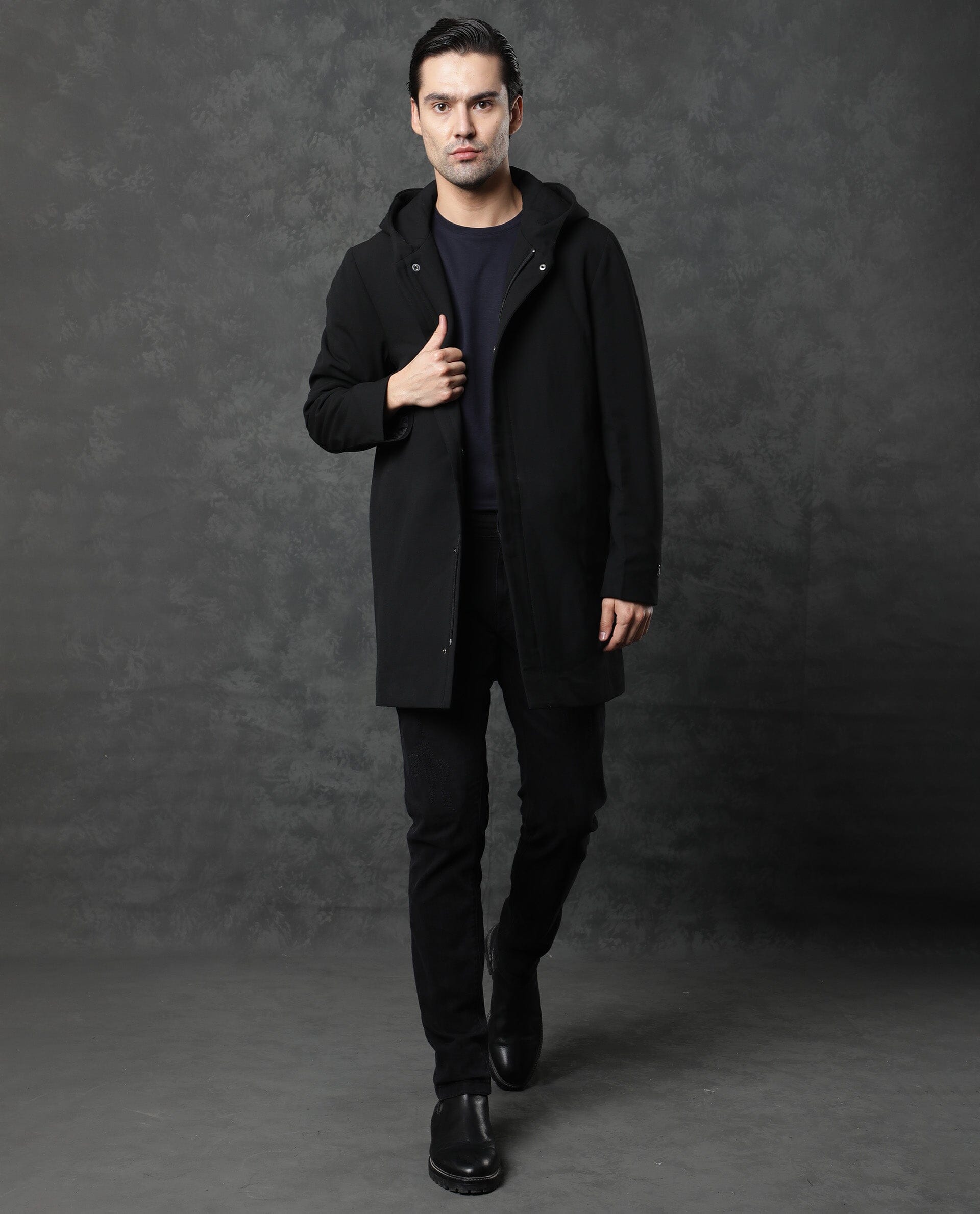 Rare Rabbit Men'S Clichy Black Jacket Polyester Viscose Fabric Hooded Neck Full Sleeves Zipper Closure Slim Fit