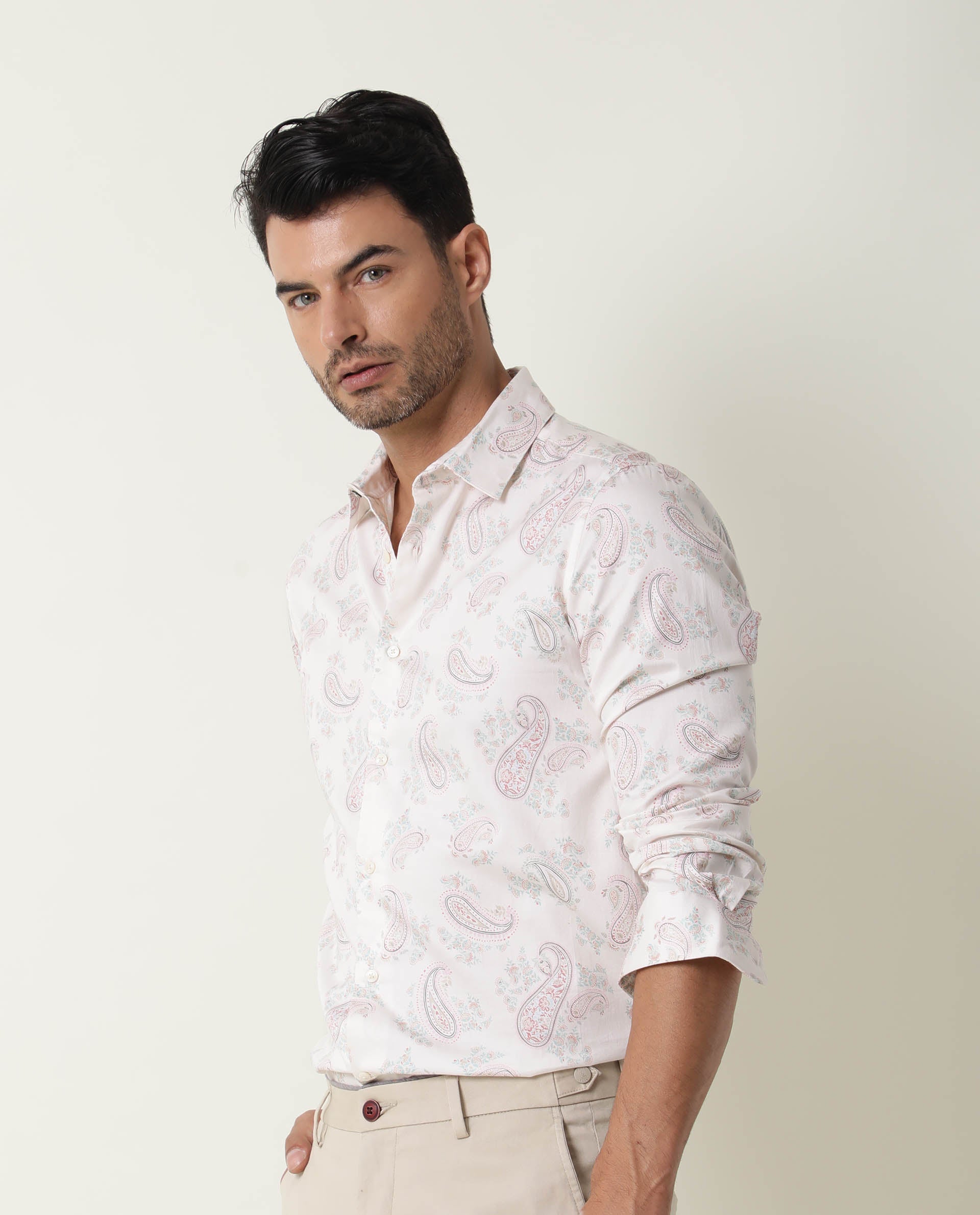 Rare Rabbit Men's Aldy Beige Viscose Fabric Paisley Print Full Sleeves Shirt