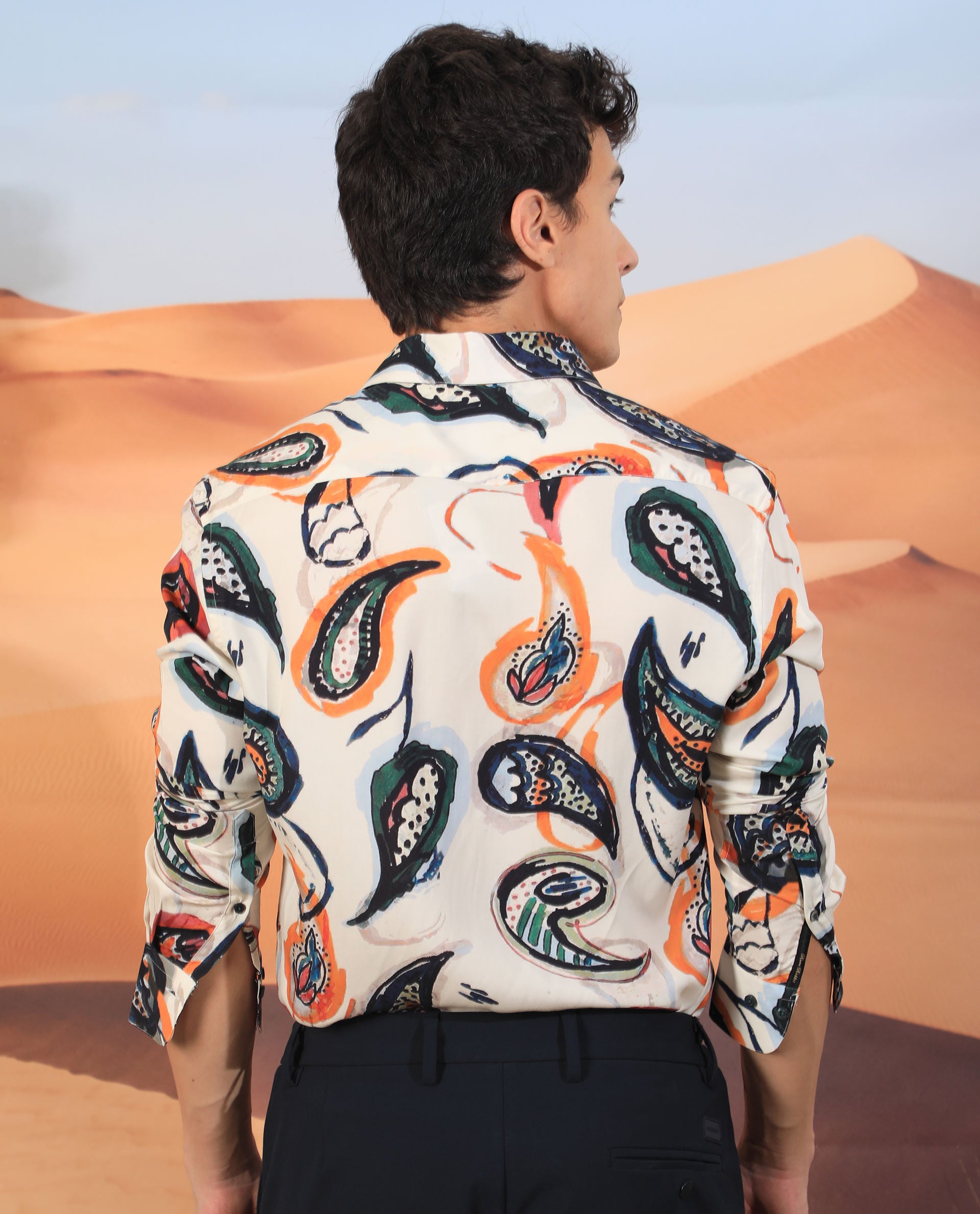 Rare Rabbit Men's Ivys Ls Beige Viscose Fabric Abstract Paisley Print Full Sleeves Shirt