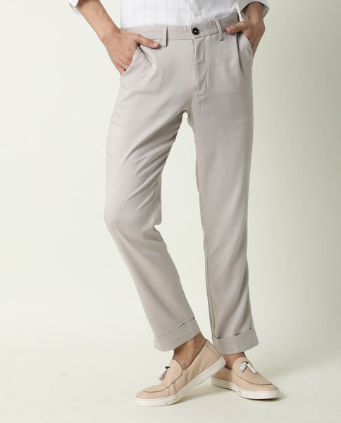 Rare Rabbit Men'S Glades Beige Solid Mid-Rise Regular Fit Trouser