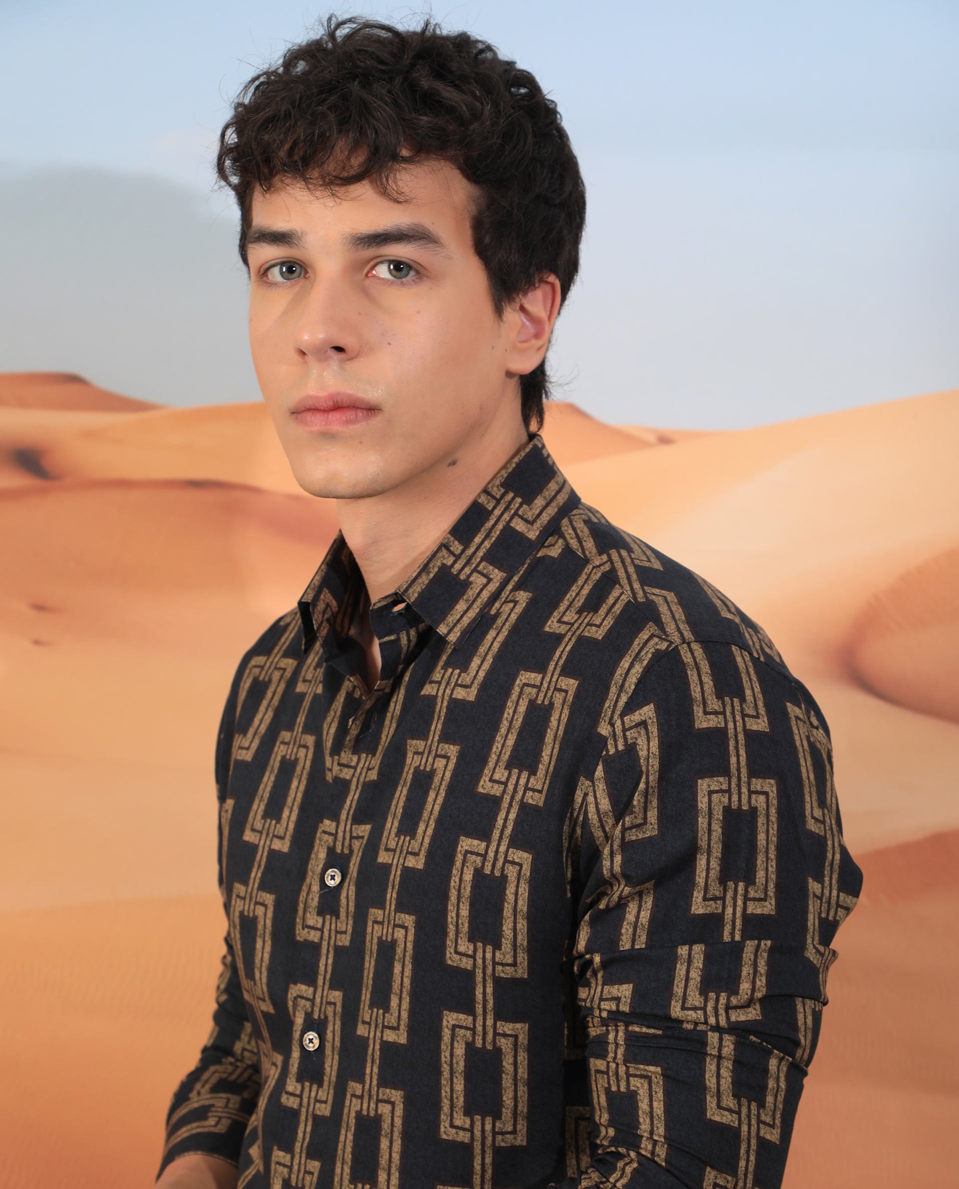 Rare Rabbit Men's Amster Grey Viscose Fabric Full Sleeves Regular Fit Geometric Print Shirt