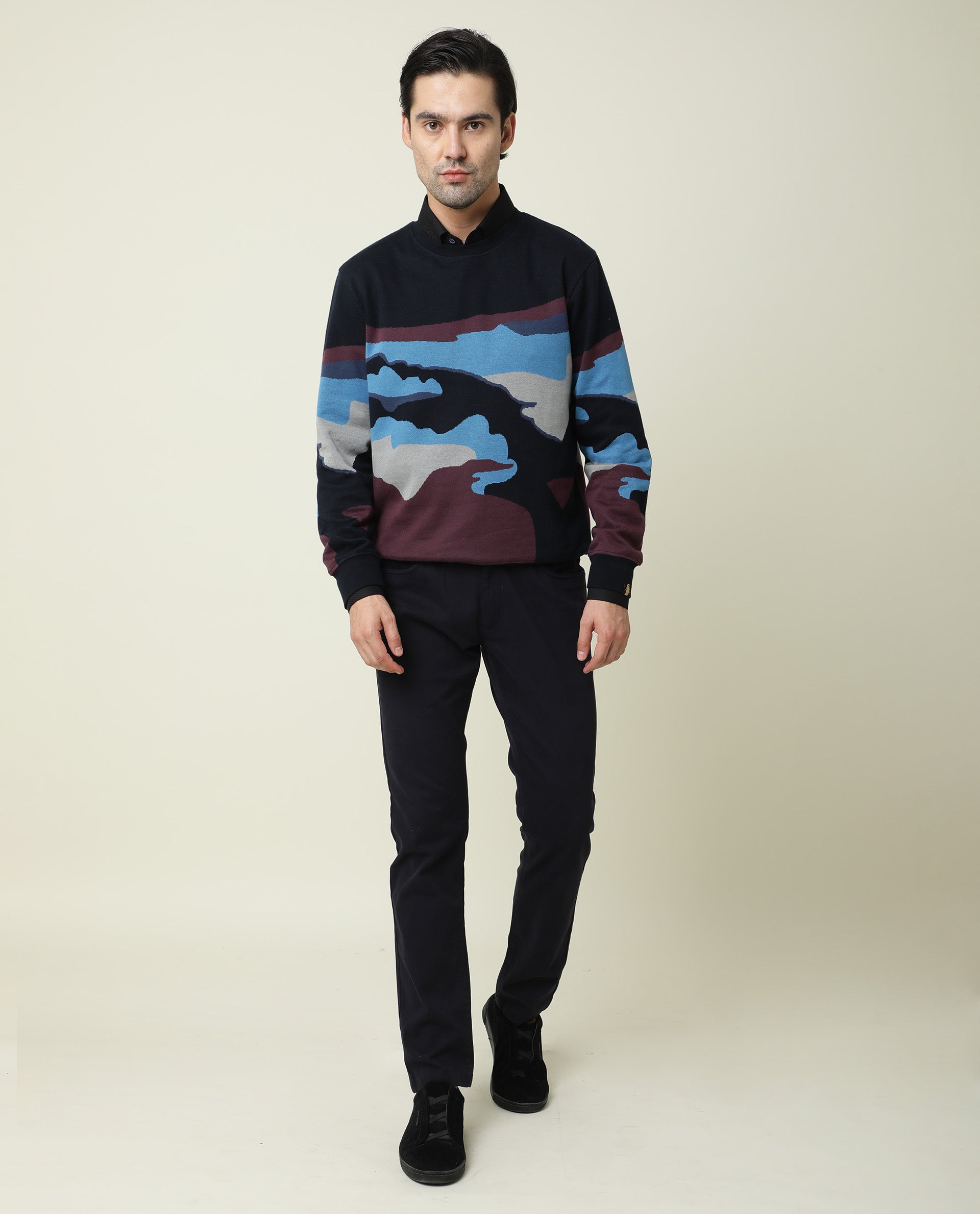Rare Rabbit Men'S Hill Navy Cotton Fabric Crew Neck Full Sleeves Slim Fit Sweatshirt