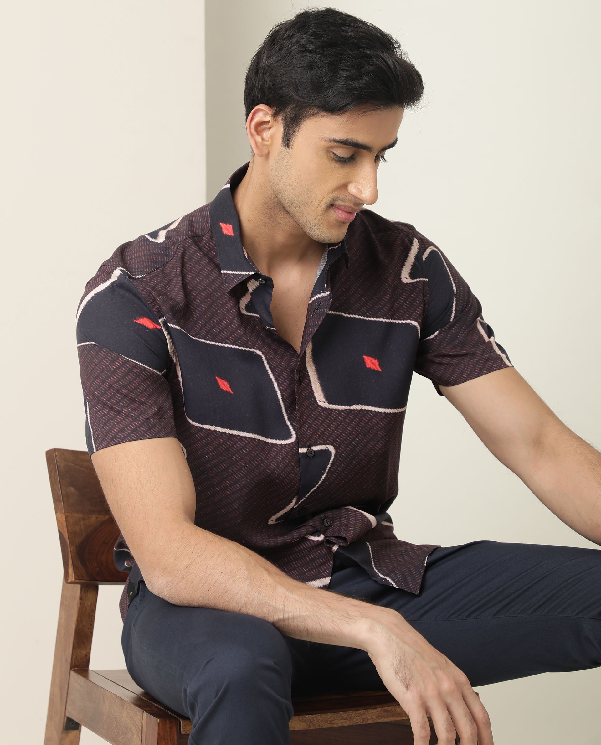 Rare Rabbit Men's Nistic Brown Viscose Fabric Geometric Print Half Sleeves Shirt