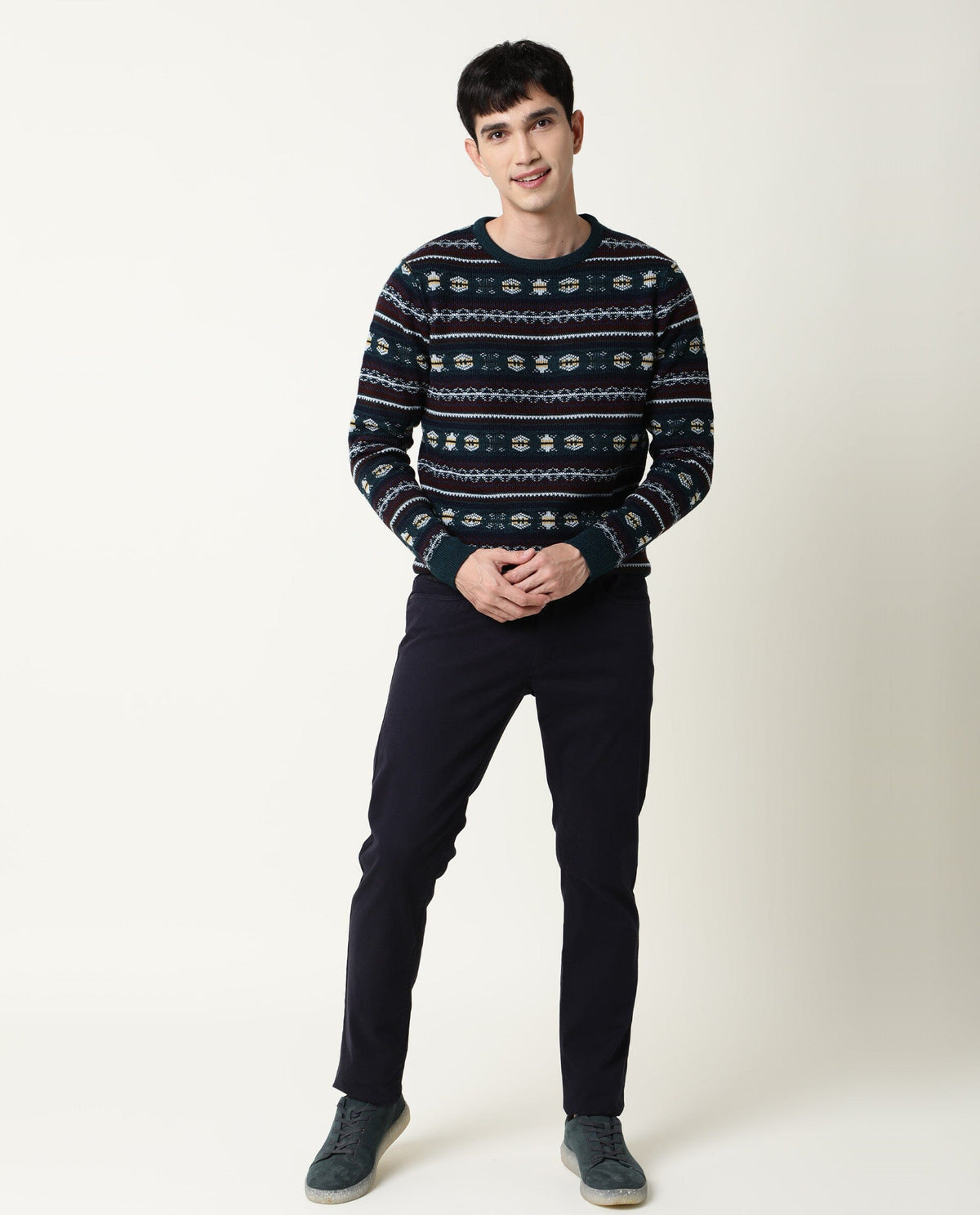 RARE RABBIT MEN'S FARE DARK GREEN PULLOVER ACRYLIC FABRIC ROUND NECK FULL SLEEVES SLIM FIT