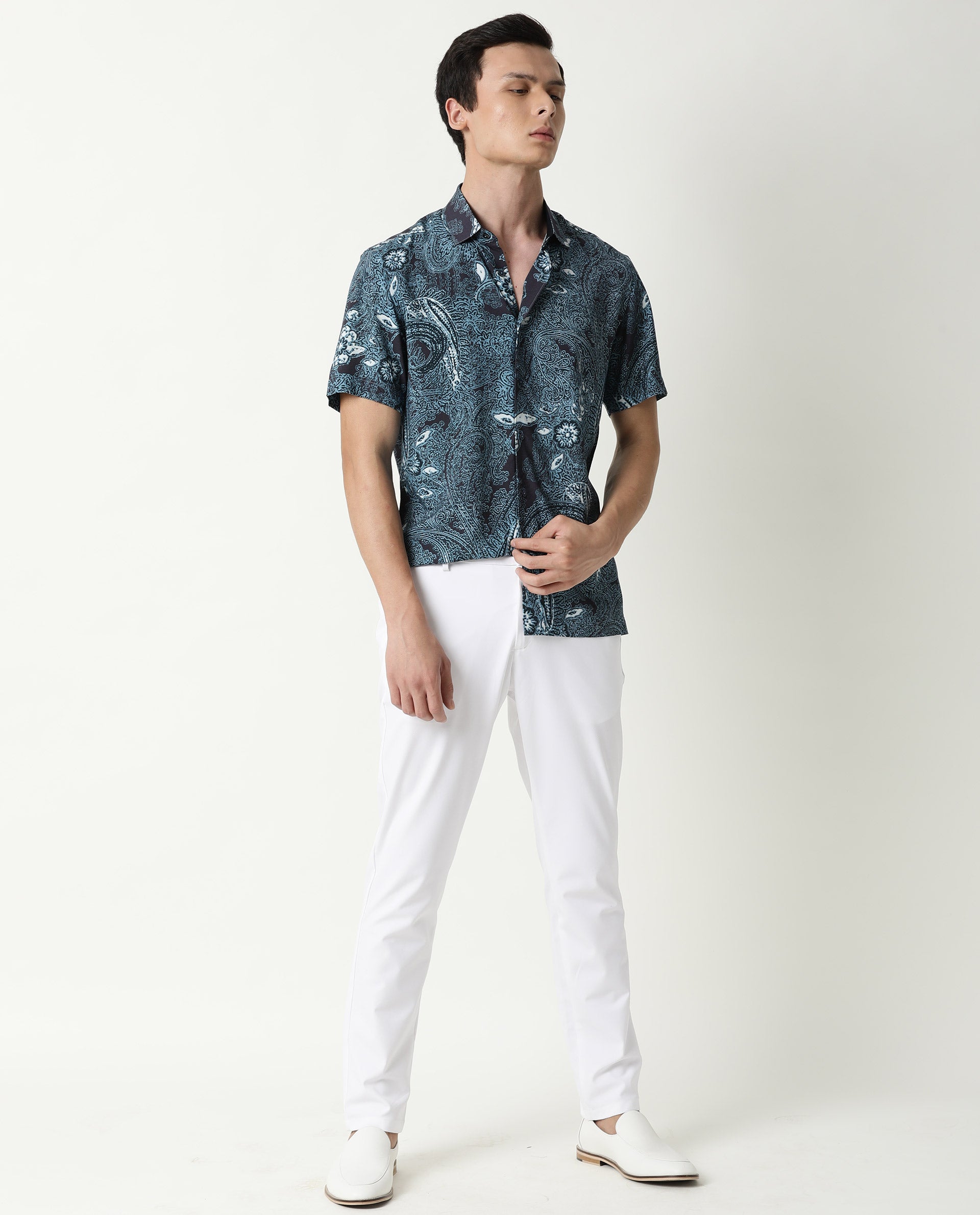 RARE RABBIT MENS LAWRN SS BLUE SHIRT COTTON VISCOSE FABRIC SLIM FIT COLLAR COLLAR Short Sleeve