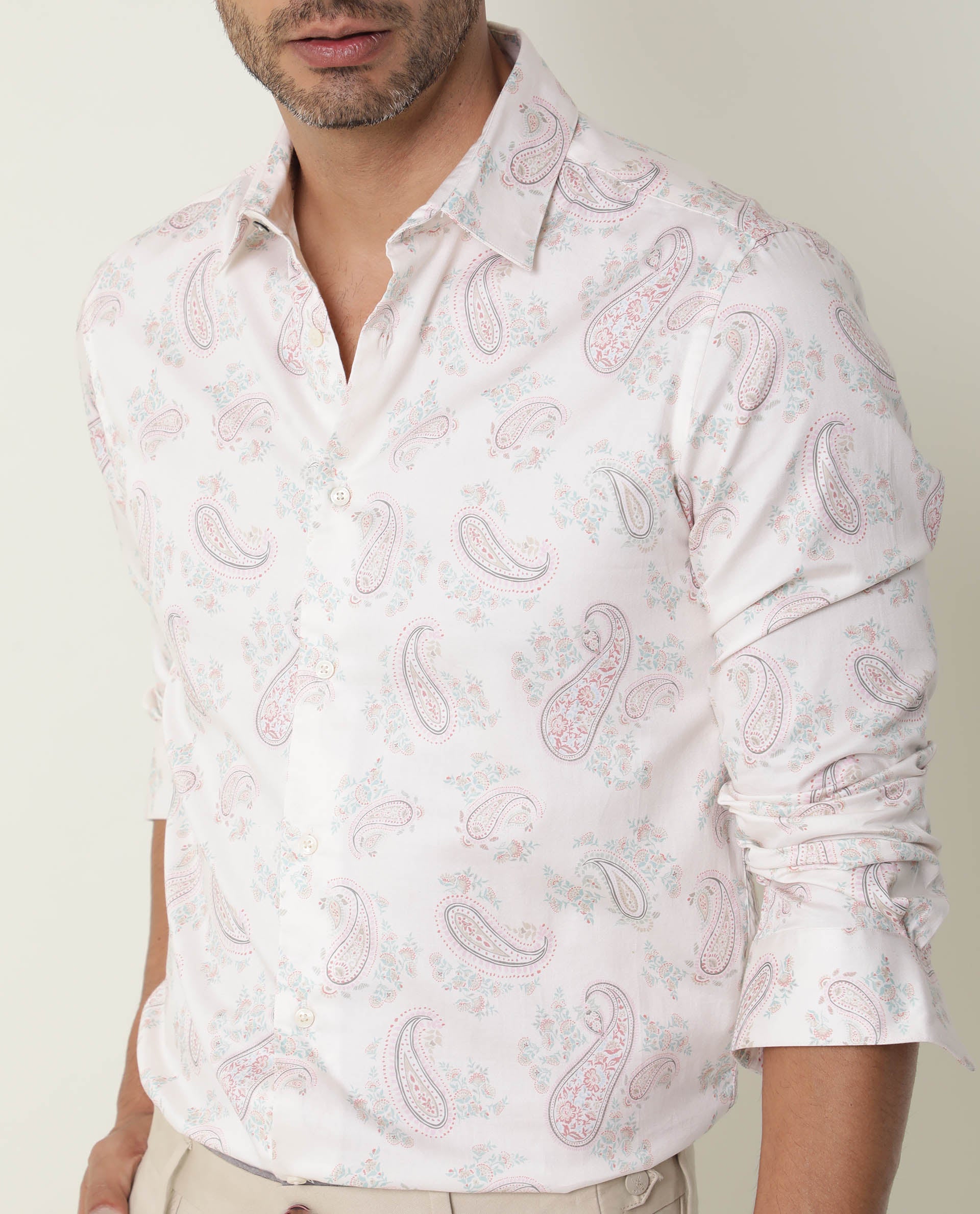 Rare Rabbit Men's Aldy Beige Viscose Fabric Paisley Print Full Sleeves Shirt