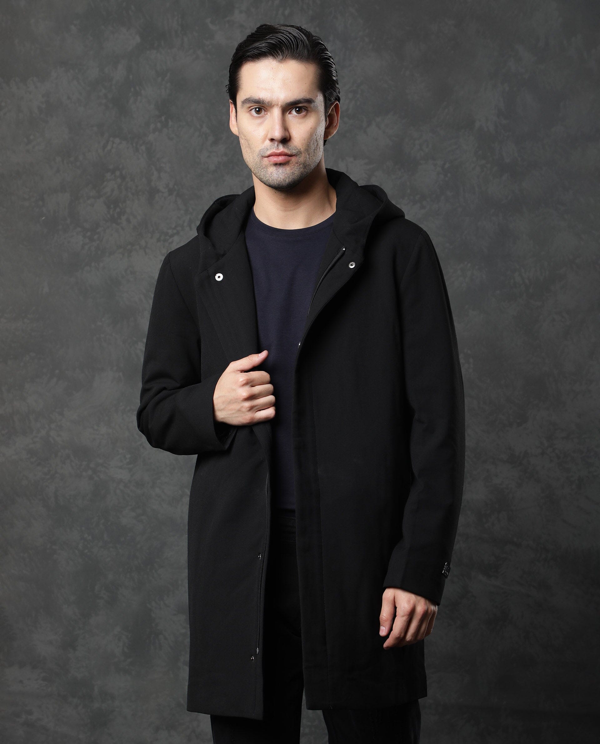 Rare Rabbit Men'S Clichy Black Jacket Polyester Viscose Fabric Hooded Neck Full Sleeves Zipper Closure Slim Fit