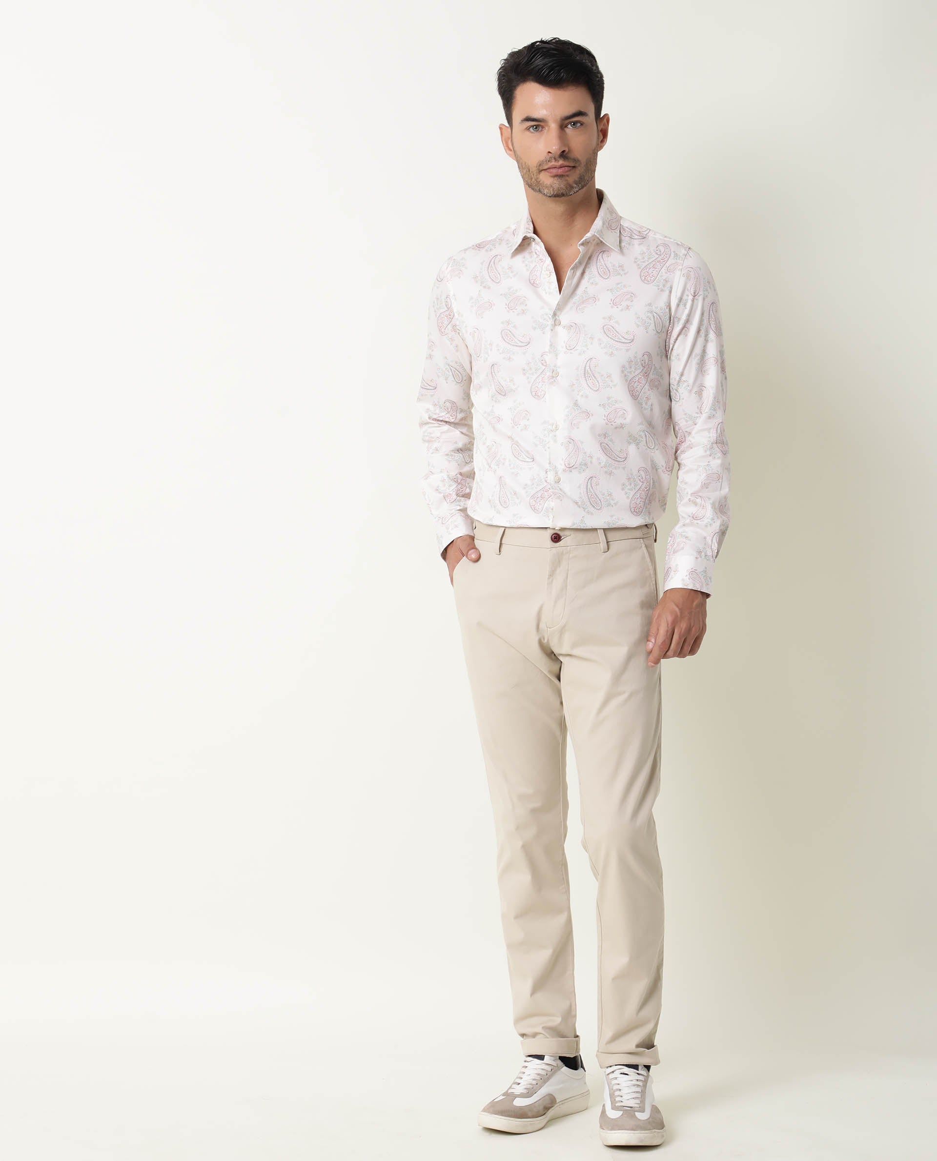 Rare Rabbit Men's Aldy Beige Viscose Fabric Paisley Print Full Sleeves Shirt