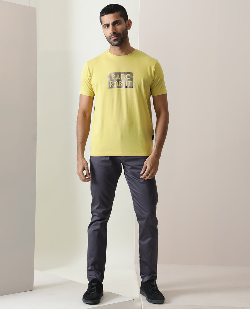 Rare Rabbit Men's Seal Yellow Cotton Lycra Fabric Crew Neck Half Sleeves Regular Fit Foil HD Print T-Shirt