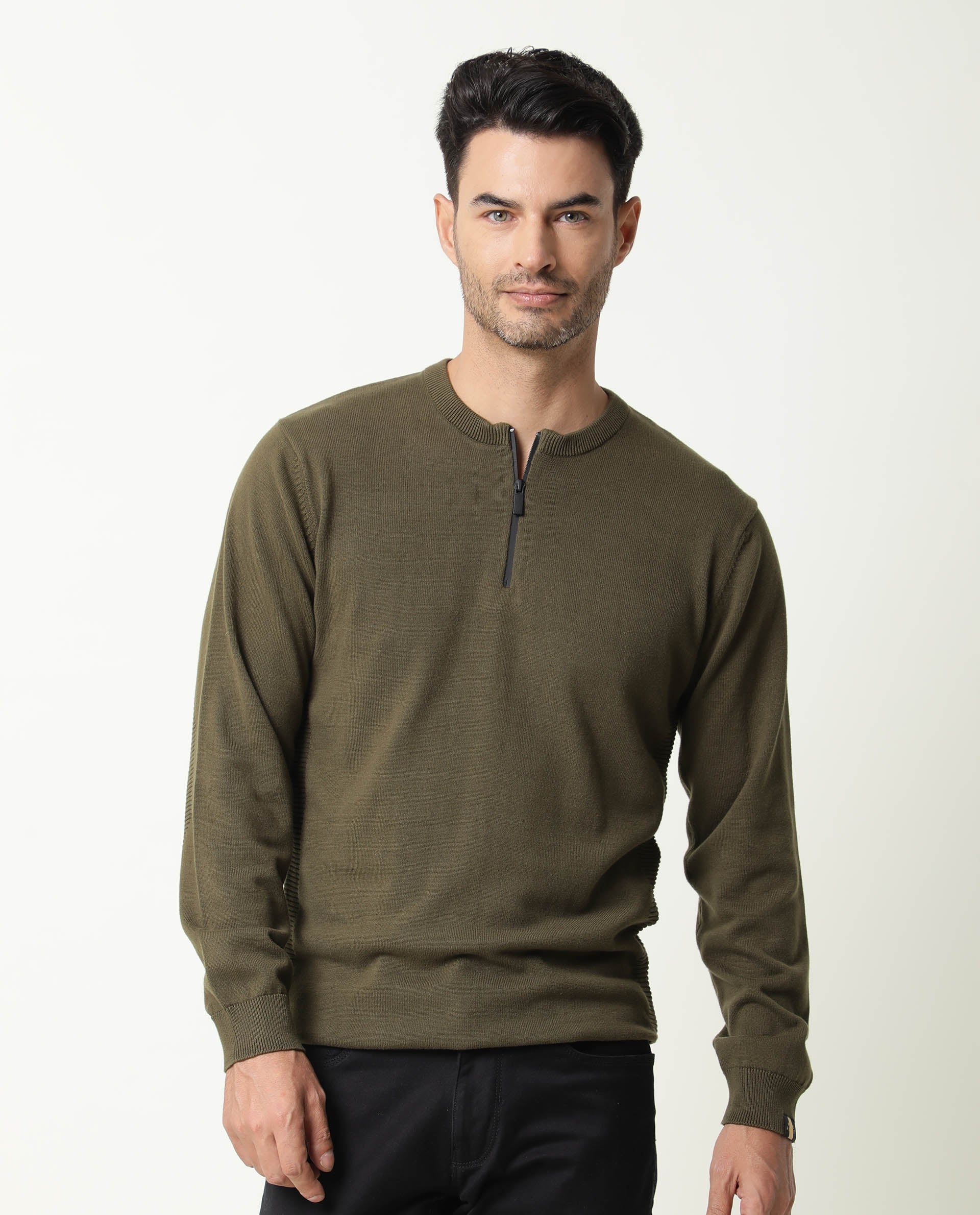 Rare Rabbit Men'S Rumbled Olive Sweater Cotton Fabric Full Sleeves Zipper Closure Slim Fit