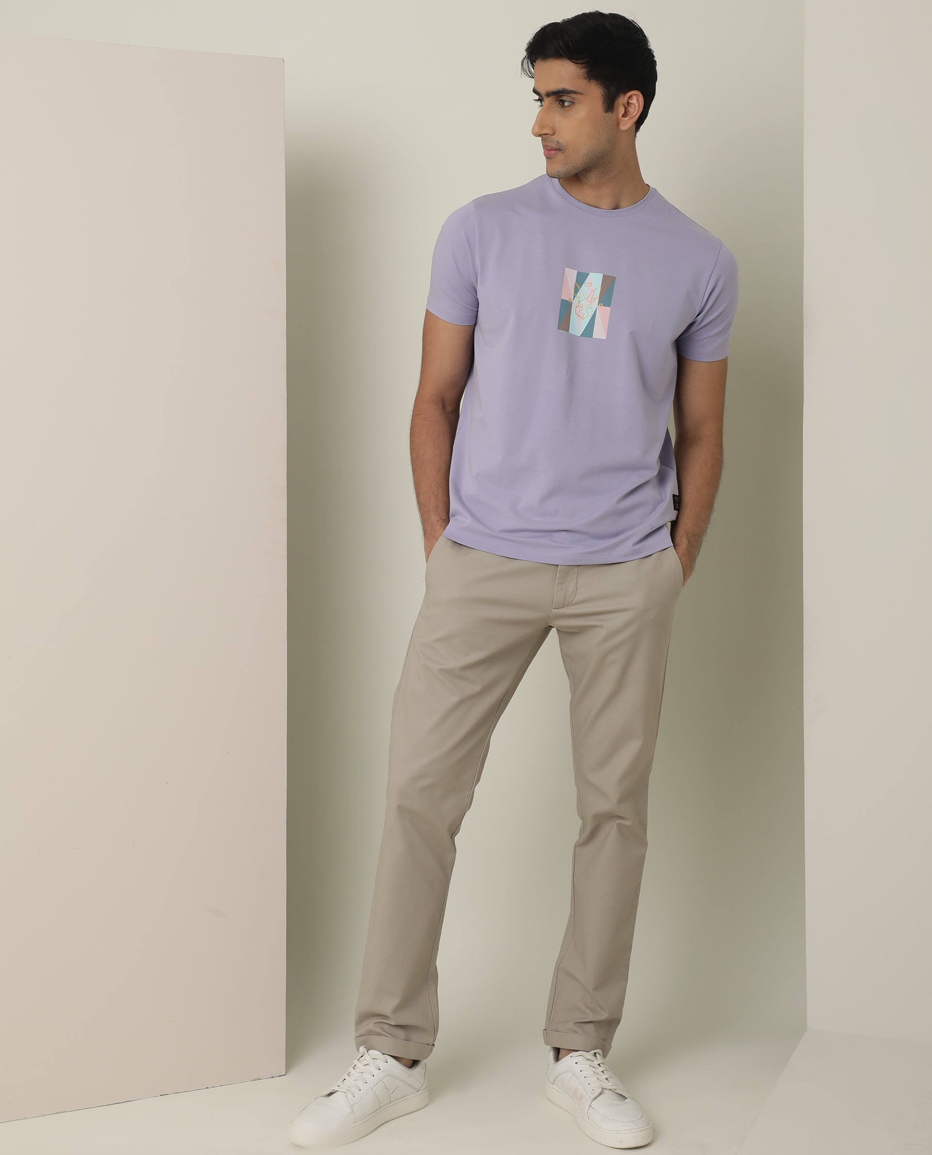 RARE RABBIT MEN'S FULL PURPLE T-SHIRT COTTON FABRIC CREW NECK SLIM FIT