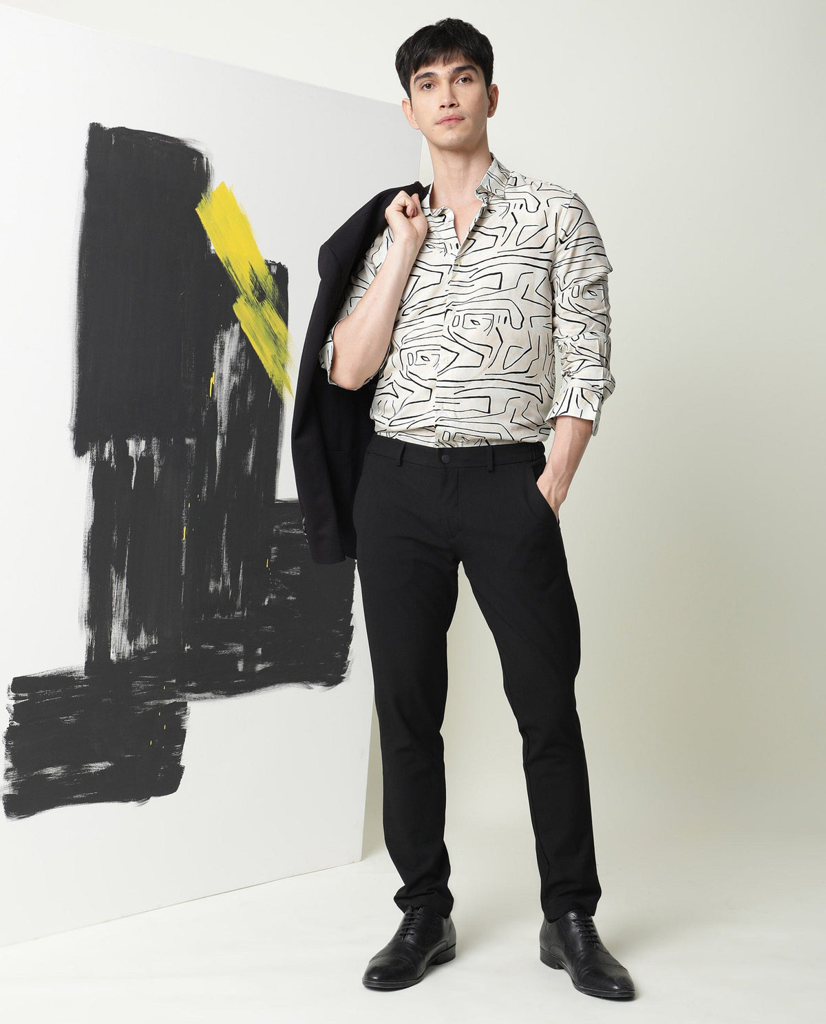RARE RABBIT MEN'S ZERA OFF WHITE SHIRT VISCOSE FABRIC COLLARED NECK FULL SLEEVES BUTTON CLOSURE