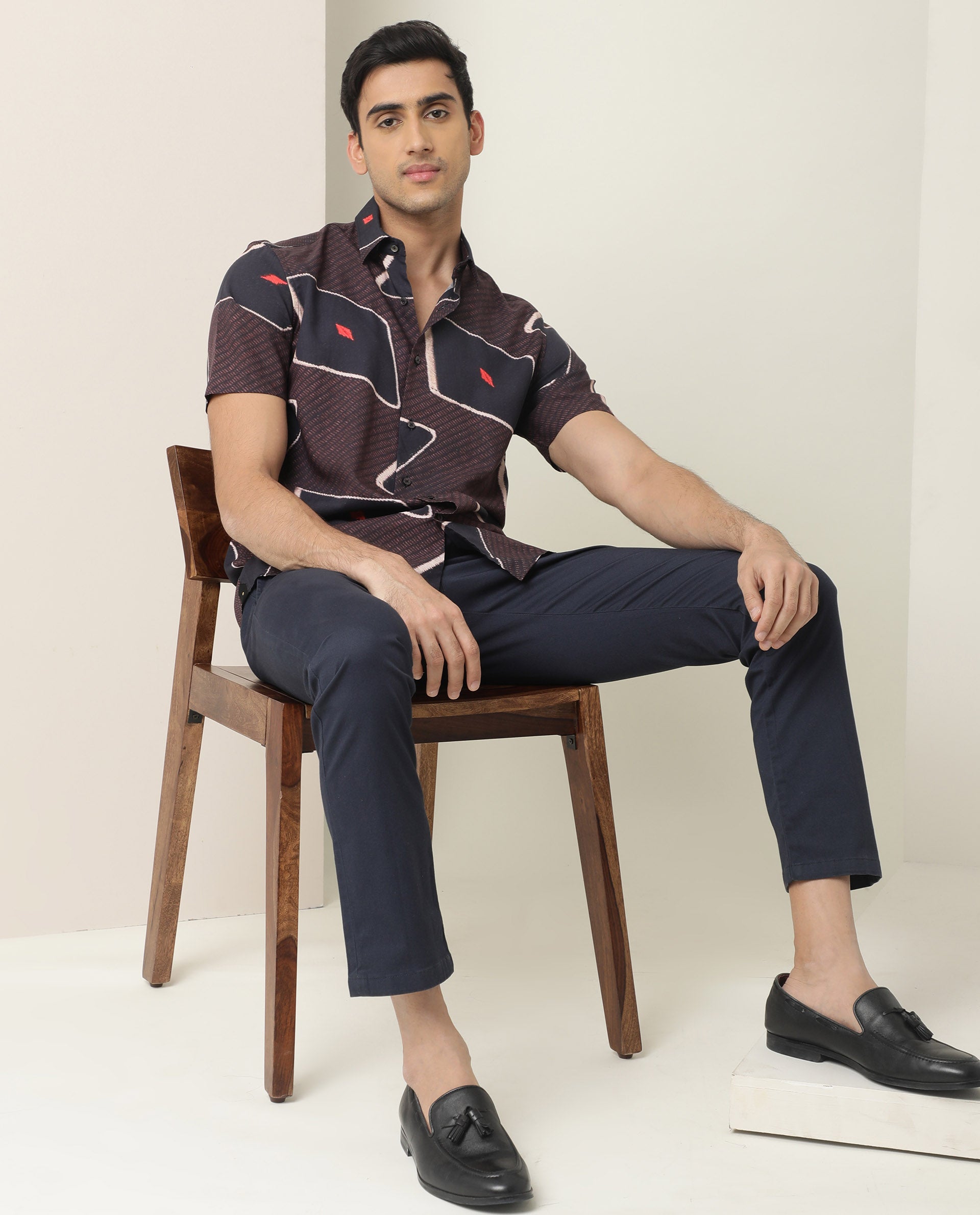 Rare Rabbit Men's Nistic Brown Viscose Fabric Geometric Print Half Sleeves Shirt