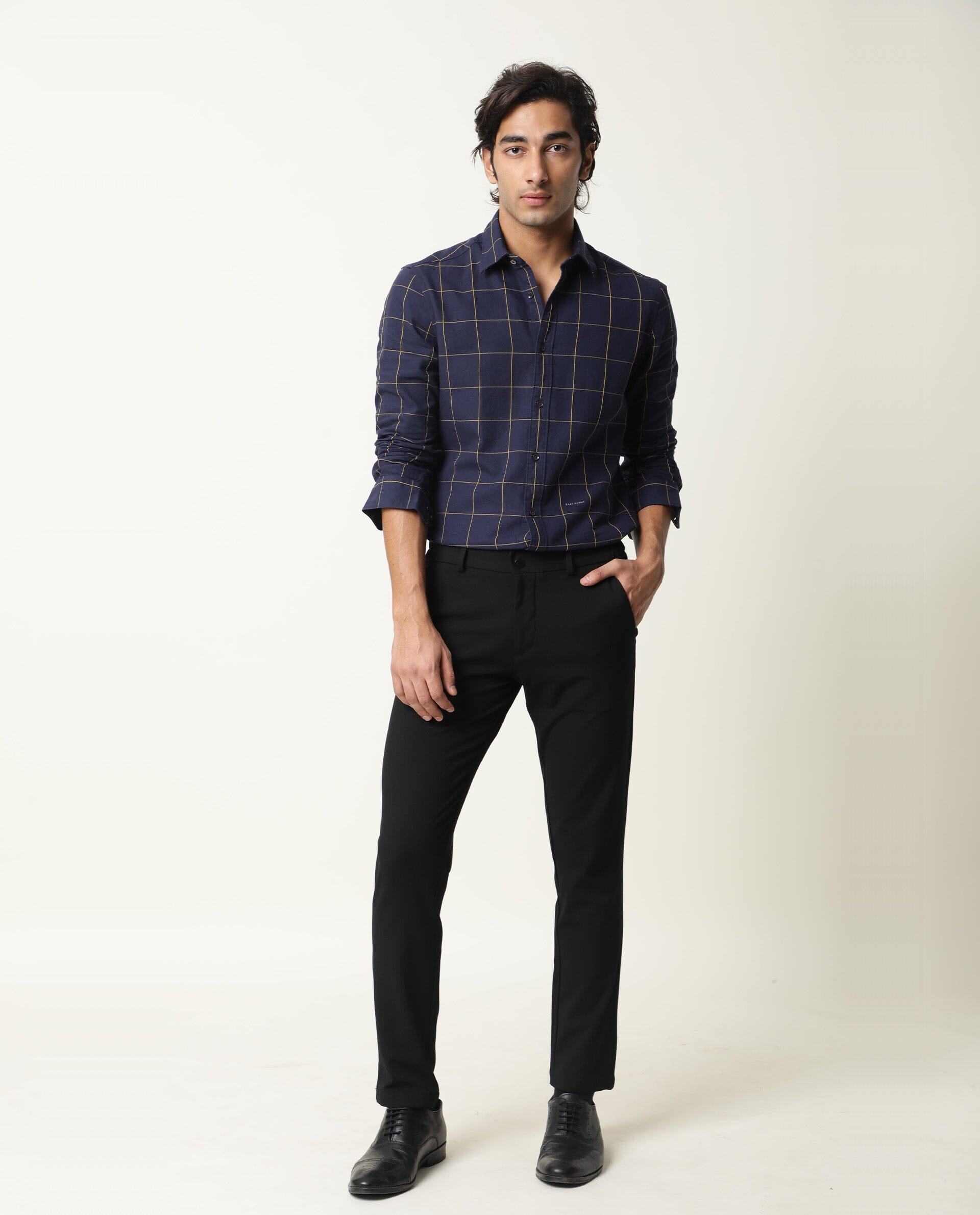 Rare Rabbit Men's Corneto Navy Cotton Fabric Full Sleeves Checks Shirt