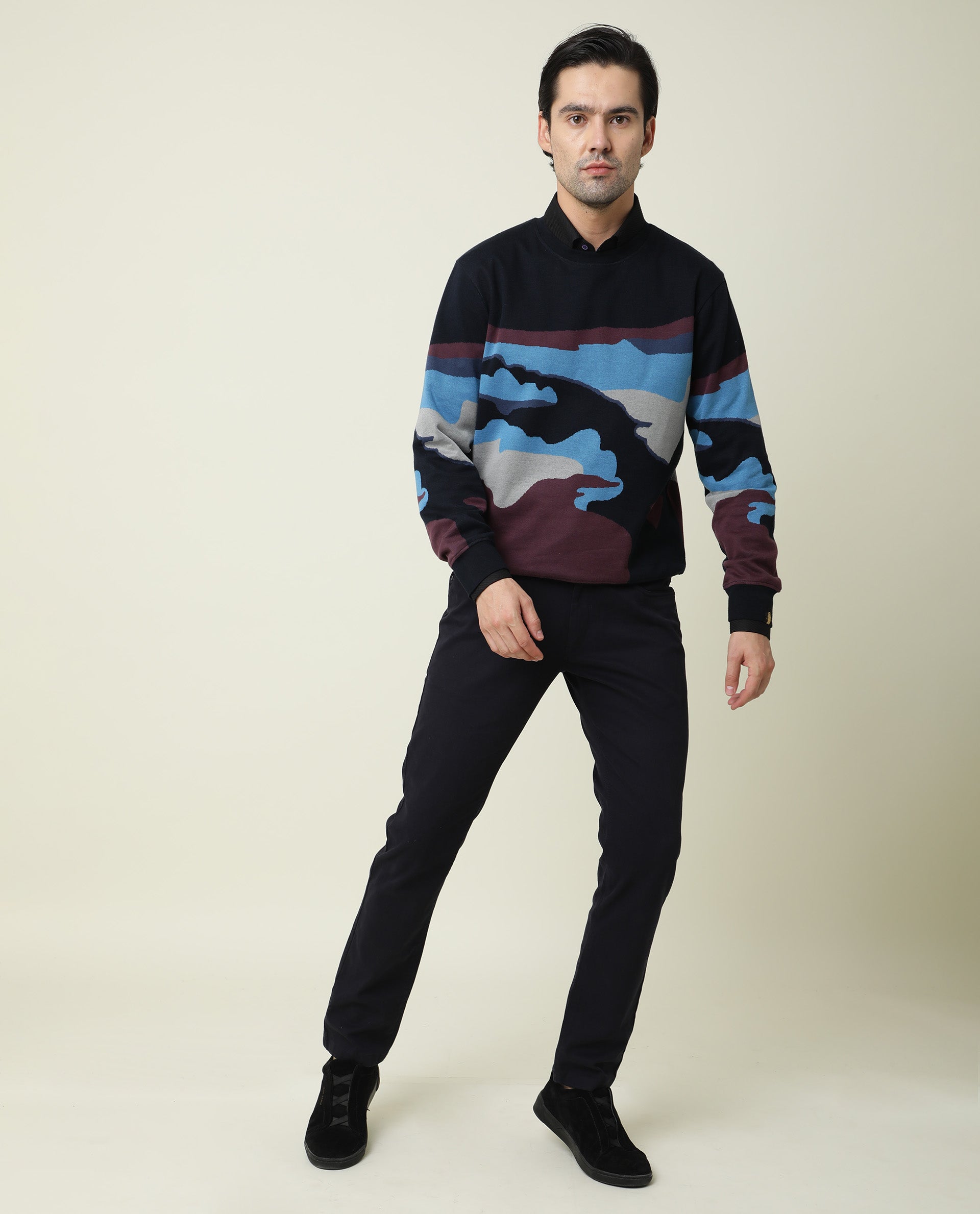 Rare Rabbit Men'S Hill Navy Cotton Fabric Crew Neck Full Sleeves Slim Fit Sweatshirt
