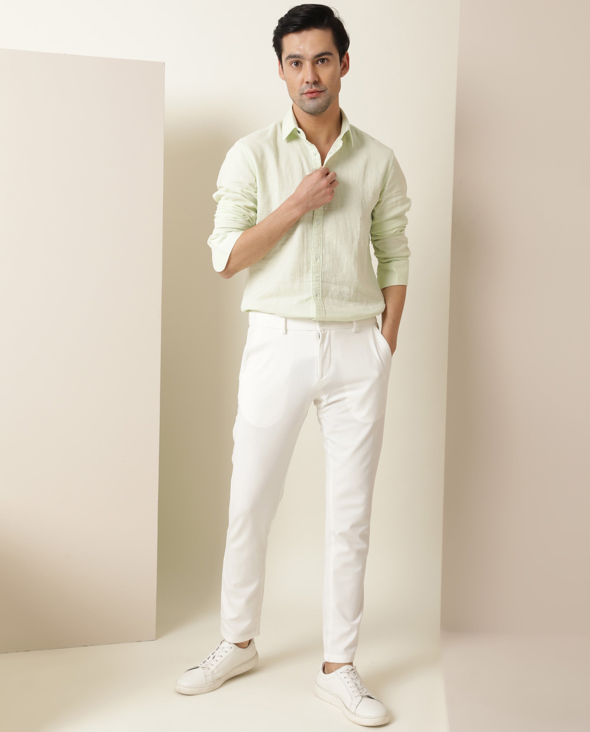 Rare Rabbit Men's Layerr Light Green Cotton Fabric Full Sleeves Solid Shirt