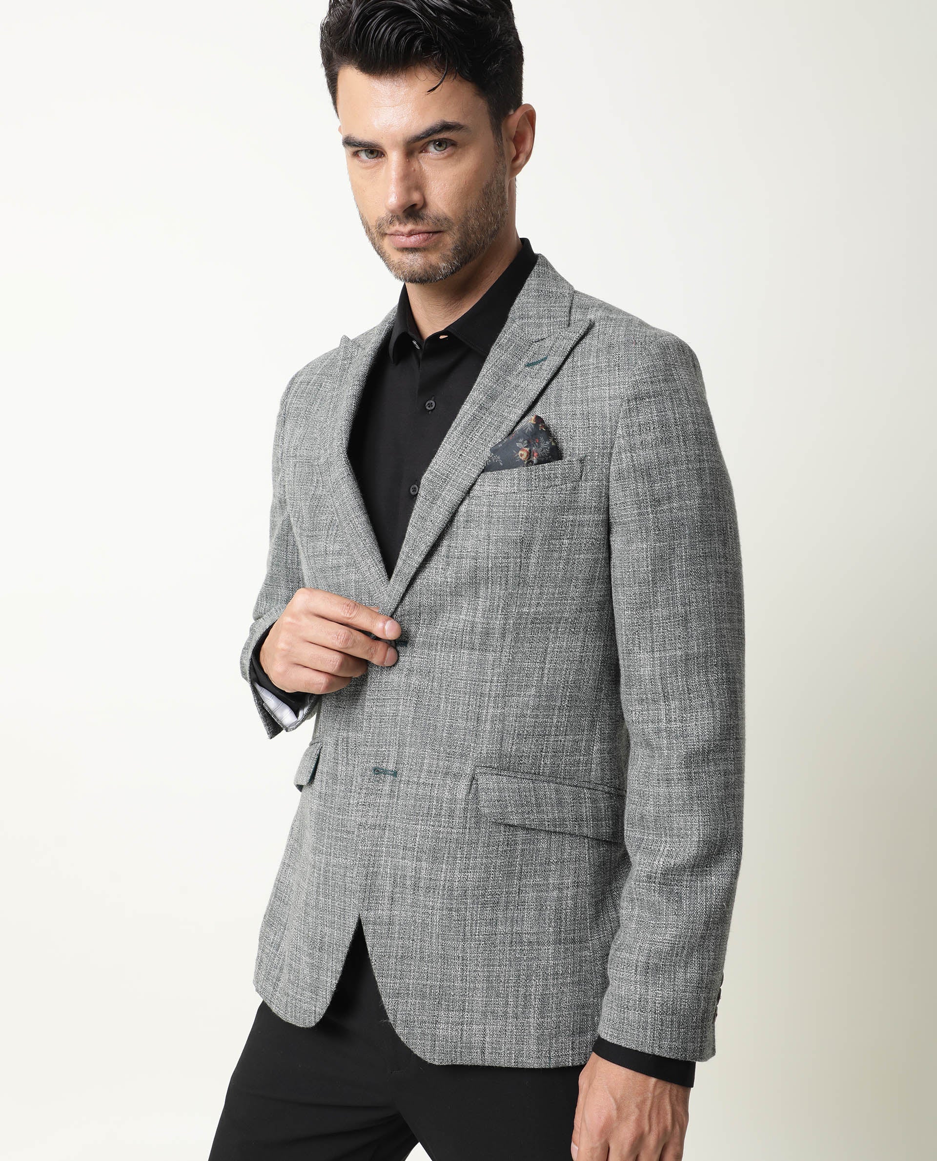 Rare Rabbit Men's Drews Green Polyester Viscose Fabric Peak Lapel Single Breasted Tailored Fit Textured Blazer