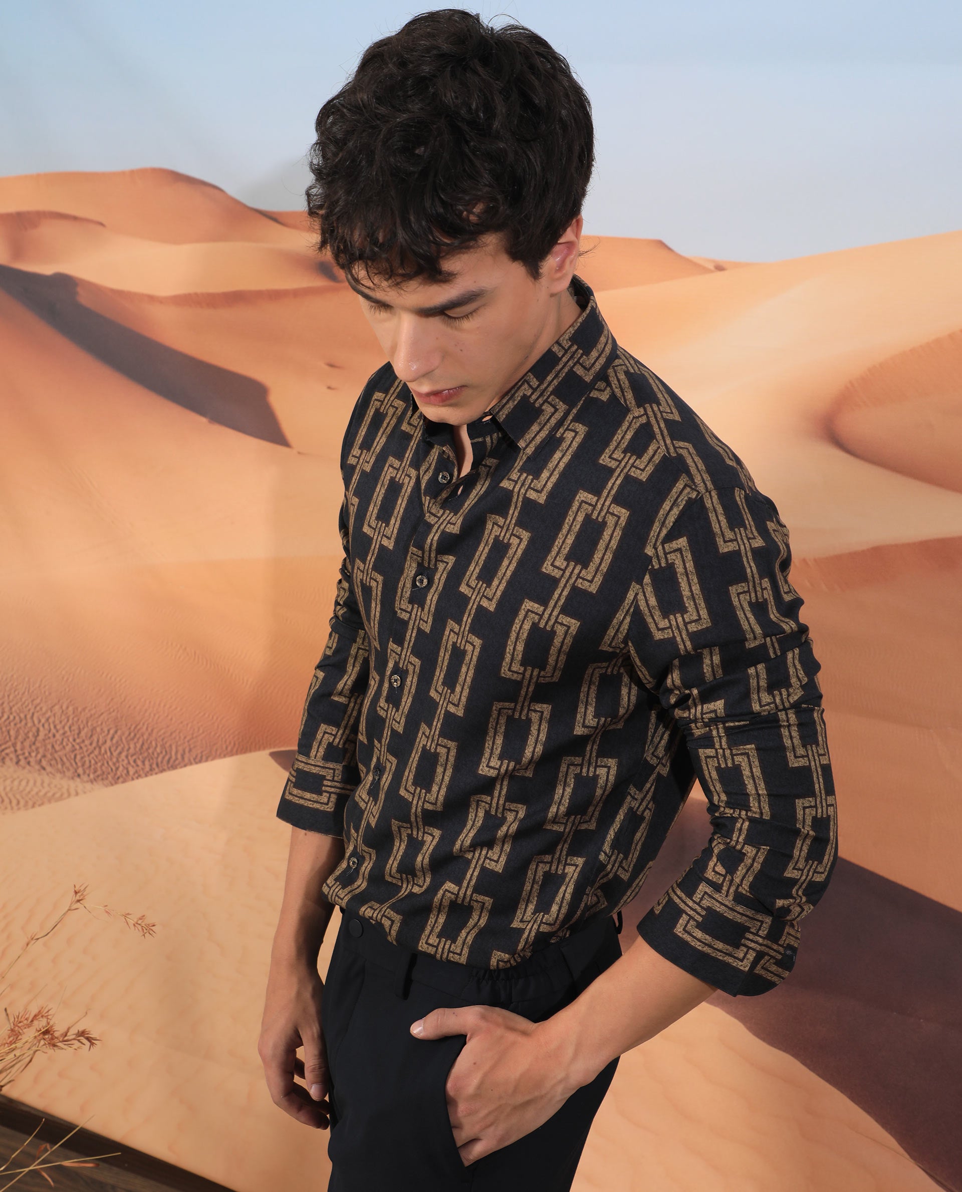 Rare Rabbit Men's Amster Grey Viscose Fabric Full Sleeves Regular Fit Geometric Print Shirt