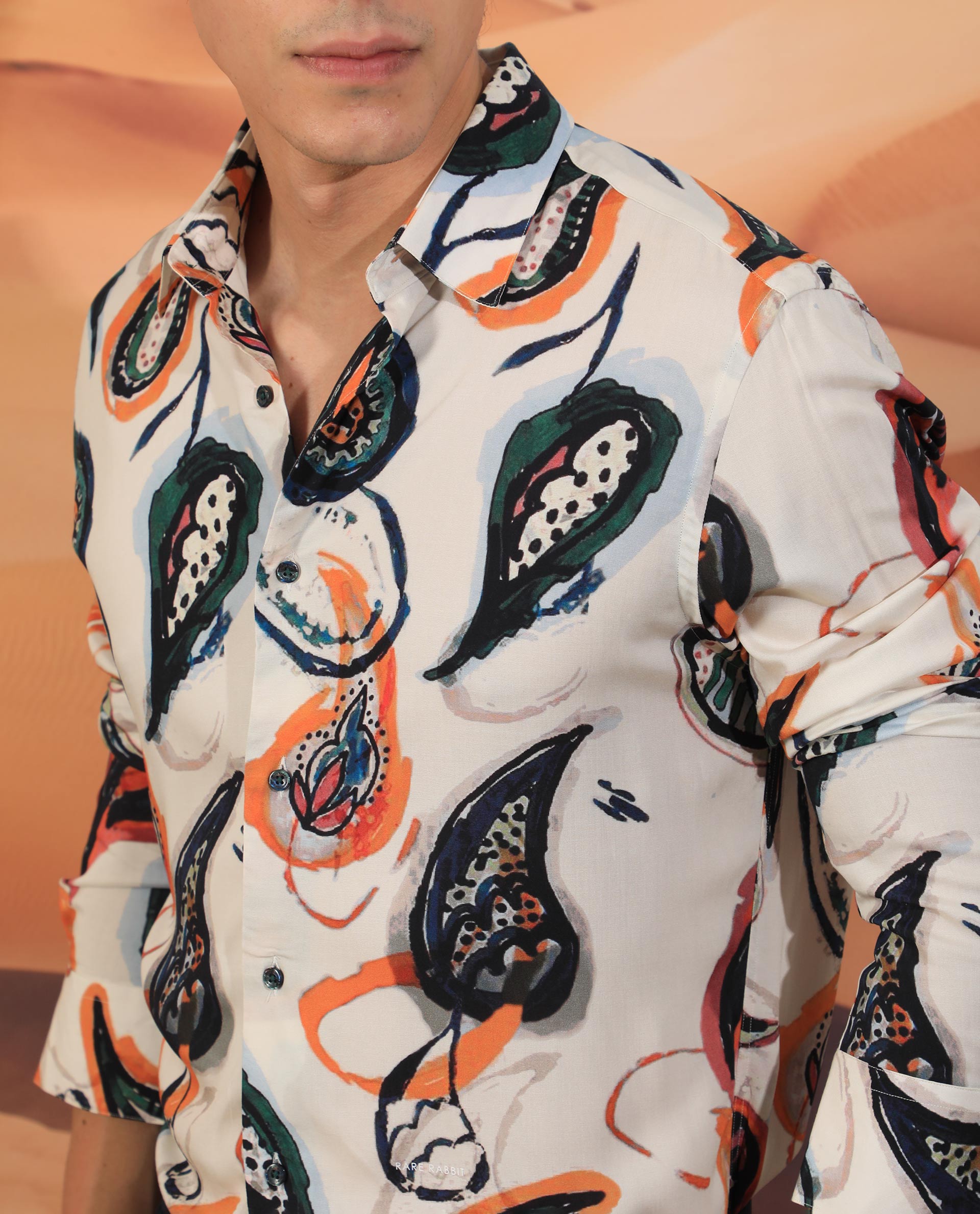 Rare Rabbit Men's Ivys Ls Beige Viscose Fabric Abstract Paisley Print Full Sleeves Shirt