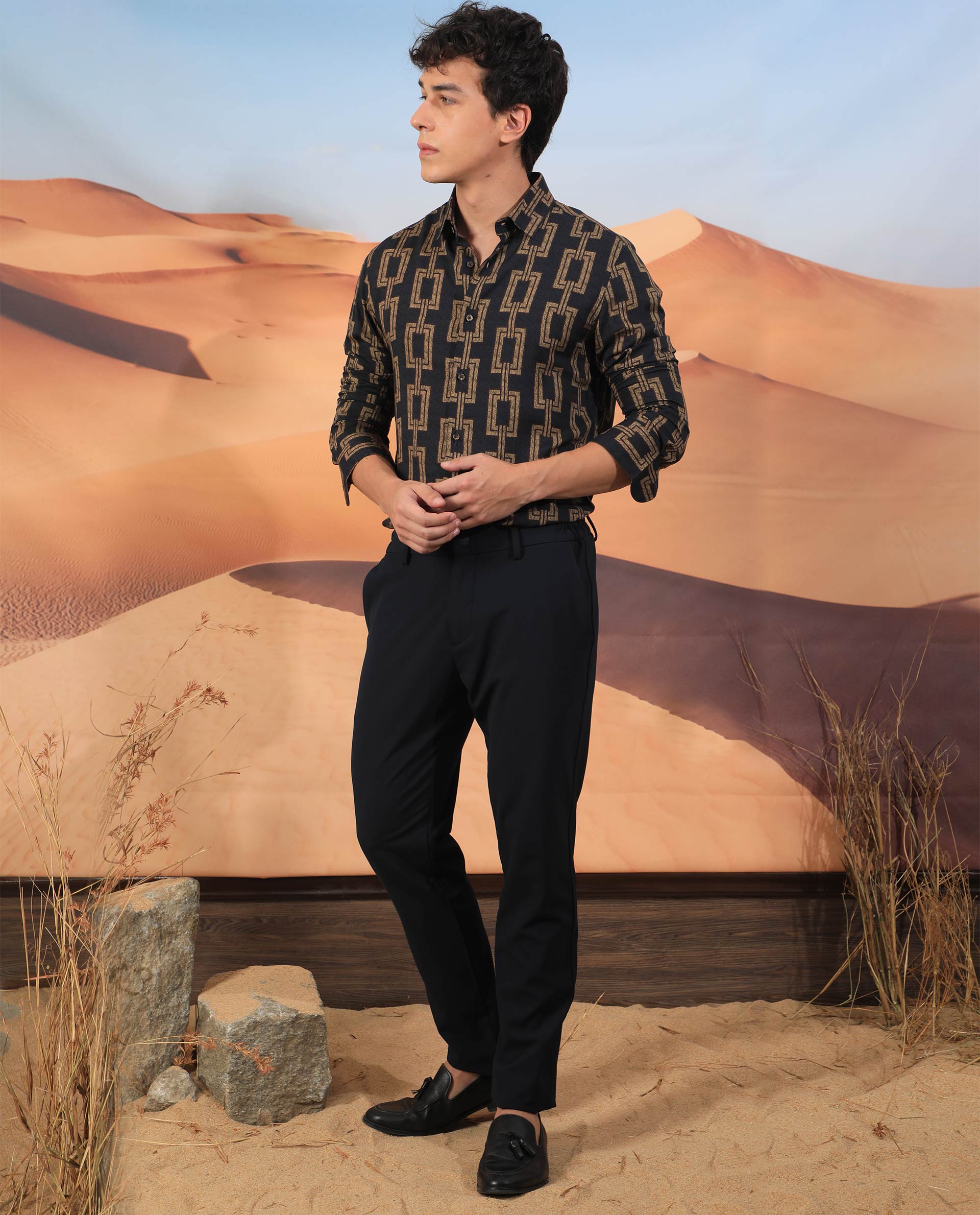 Rare Rabbit Men's Amster Grey Viscose Fabric Full Sleeves Regular Fit Geometric Print Shirt