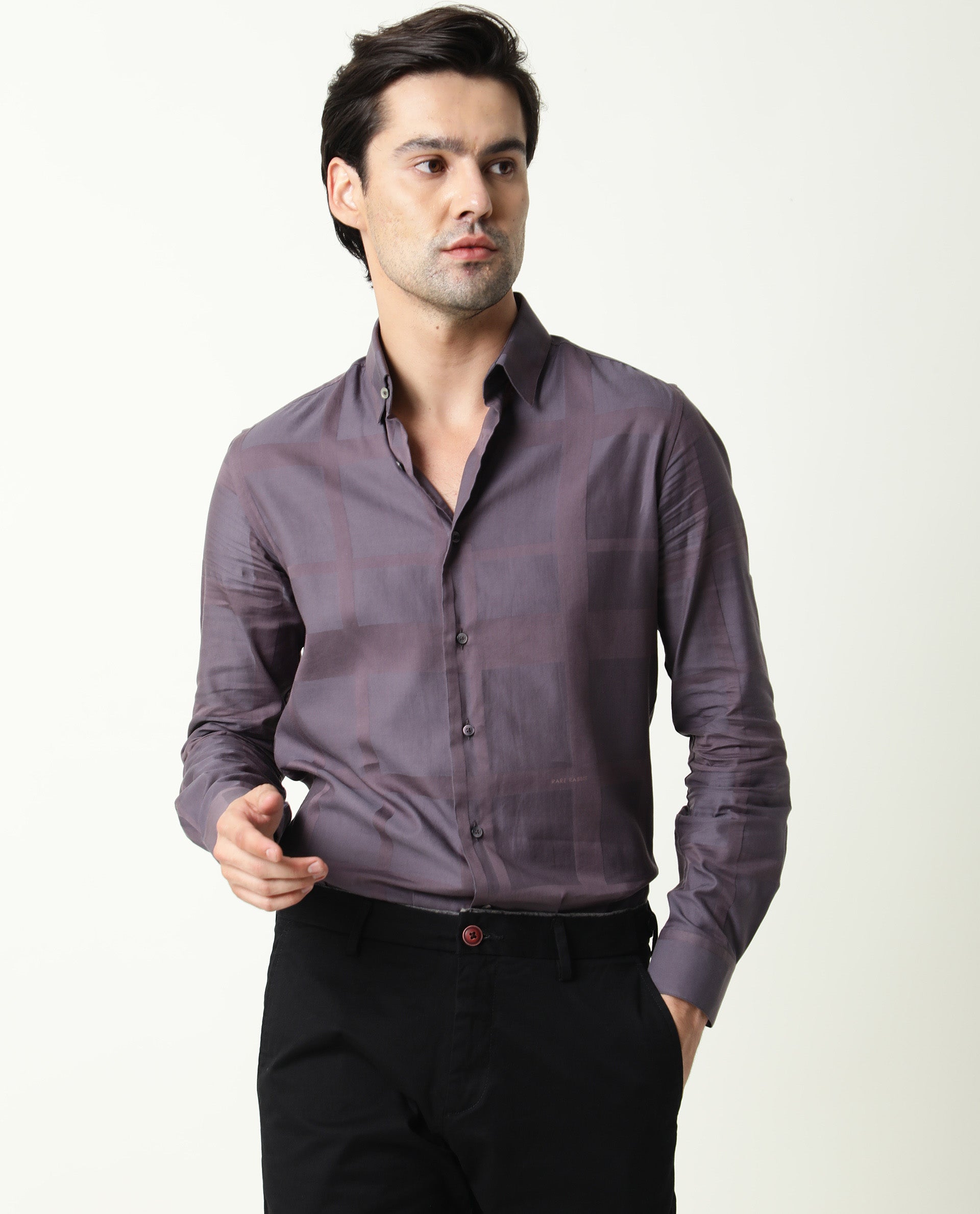 RARE RABBIT MEN'S BOXLINE-3 PURPLE SHIRT COTTON LYOCELL FABRIC COLLARED NECK FULL SLEEVES BUTTON CLOSURE SLIM FIT