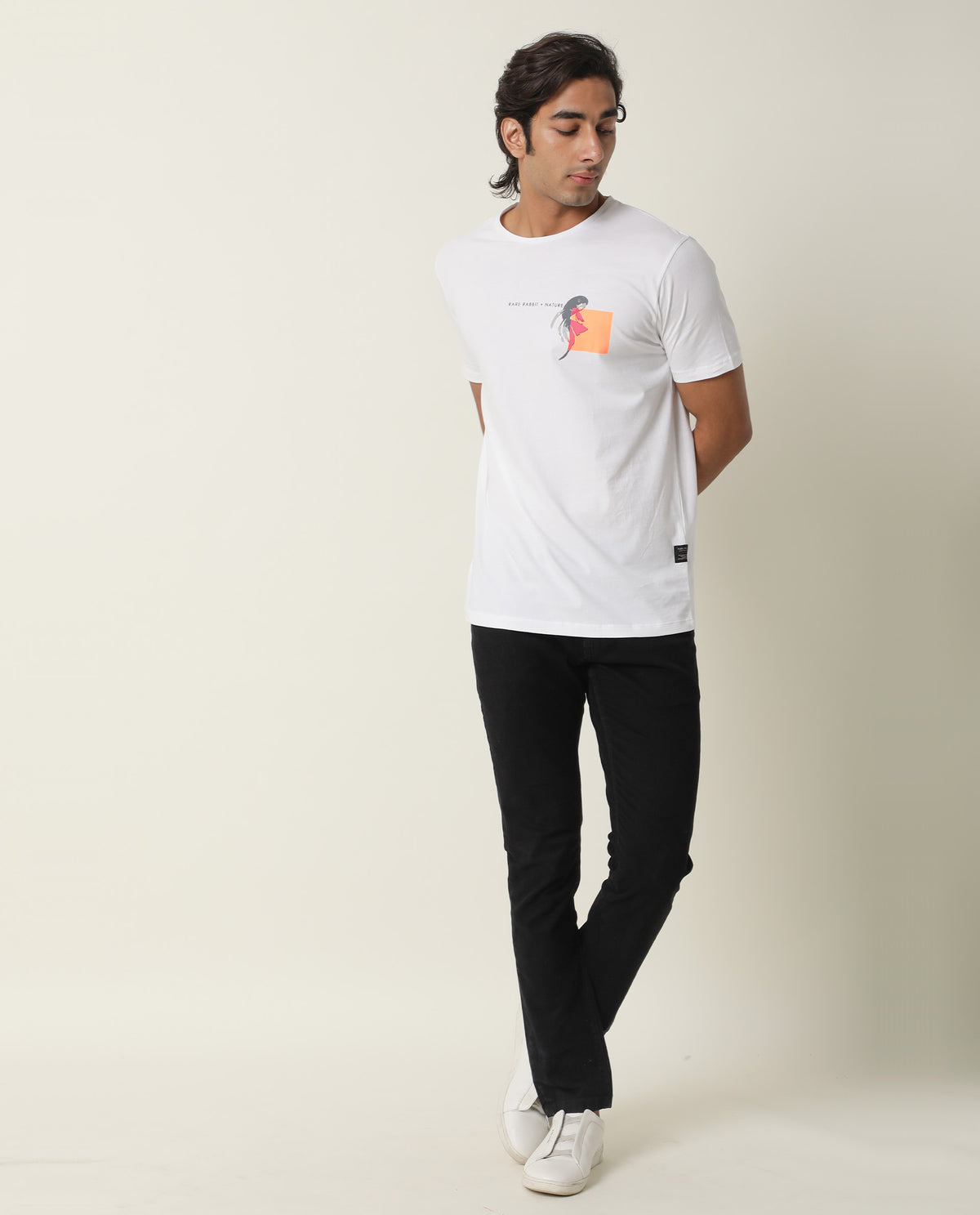 Rare Rabbit Men's Gol White Cotton Fabric Crew Neck Half Sleeves Slim Fit Graphic Print T-Shirt