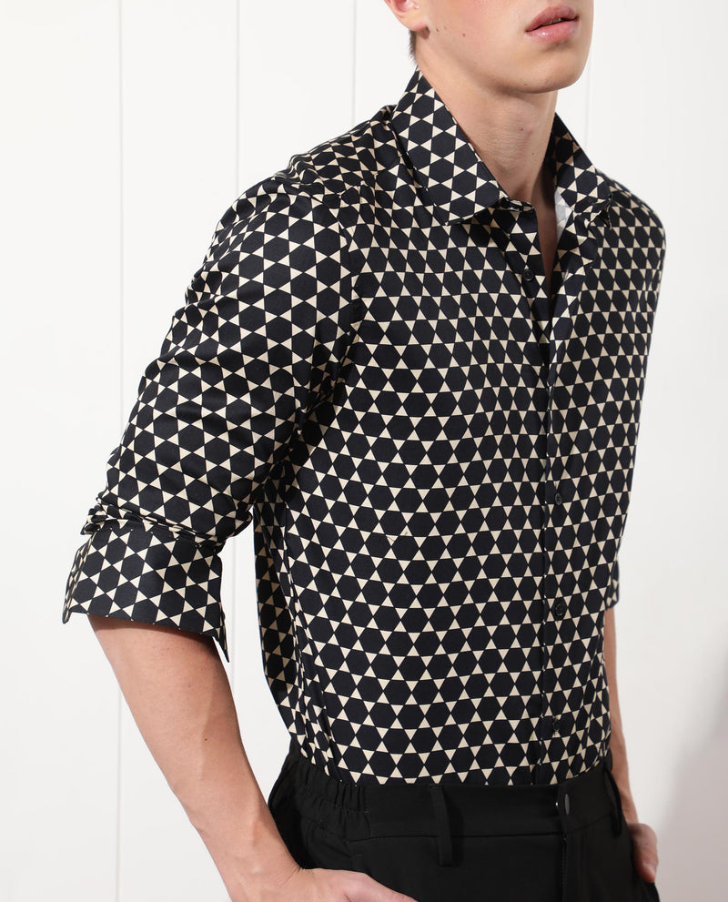 Rare Rabbit Men's Hexa Black Modal Fabric Geometric Print Full Sleeves Shirt