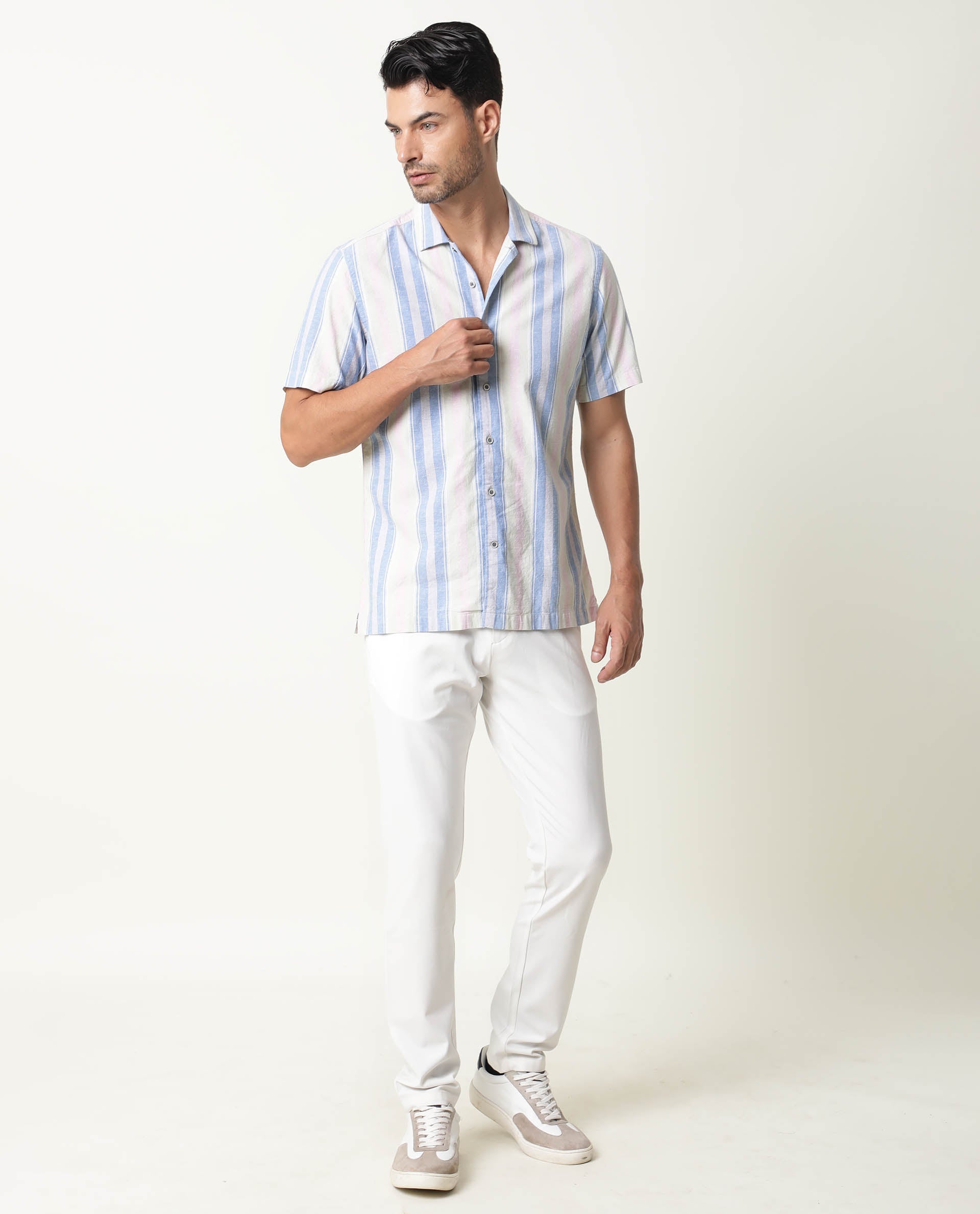 Cerulean with Glacier Blue Casual Stripes Premium Cotton Shirt For Men -  Rare Rabbit Shirts