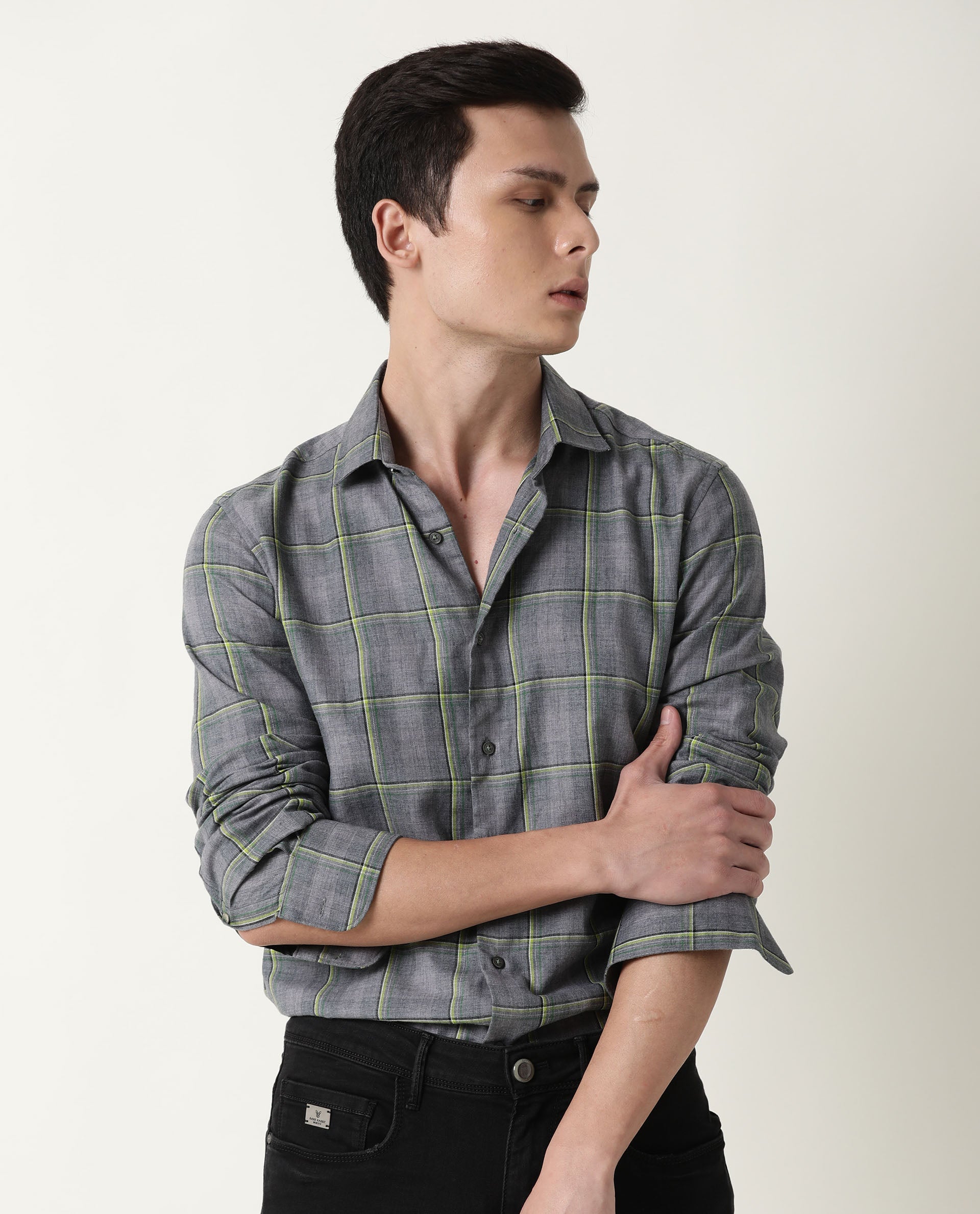 RARE RABBIT MENS TISSE GREY SHIRT POLYCOTTON FABRIC SLIM FIT COLLAR COLLAR Full Sleeve