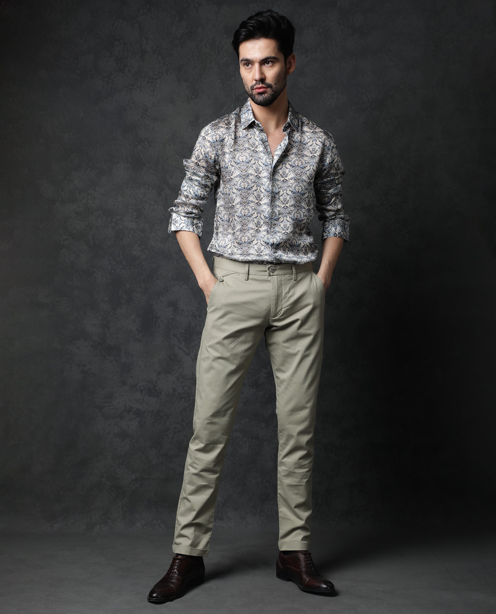 Rare Rabbit Men's Montor Beige Satin Abstract Print Full Sleeves Shirt