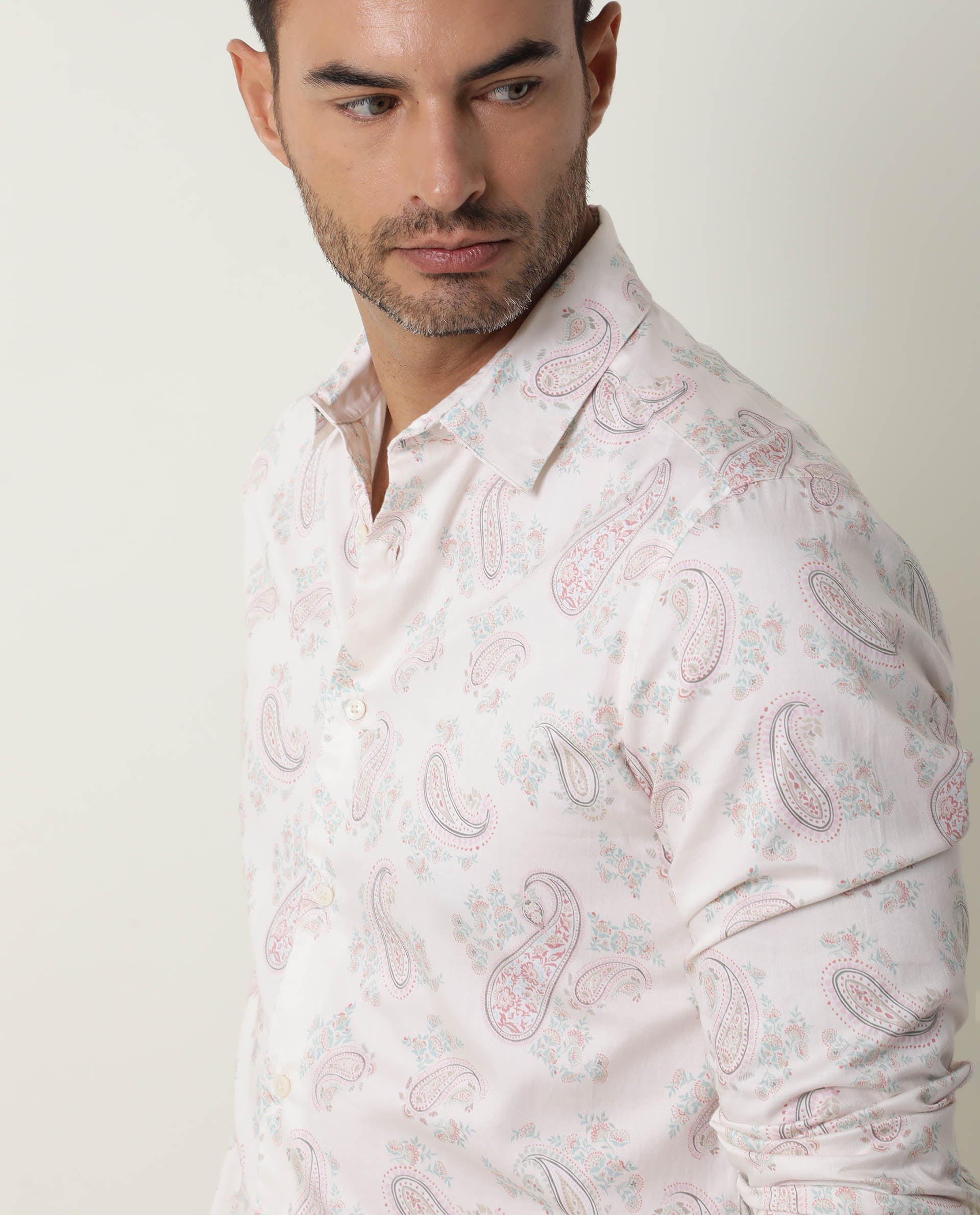 Rare Rabbit Men's Aldy Beige Viscose Fabric Paisley Print Full Sleeves Shirt